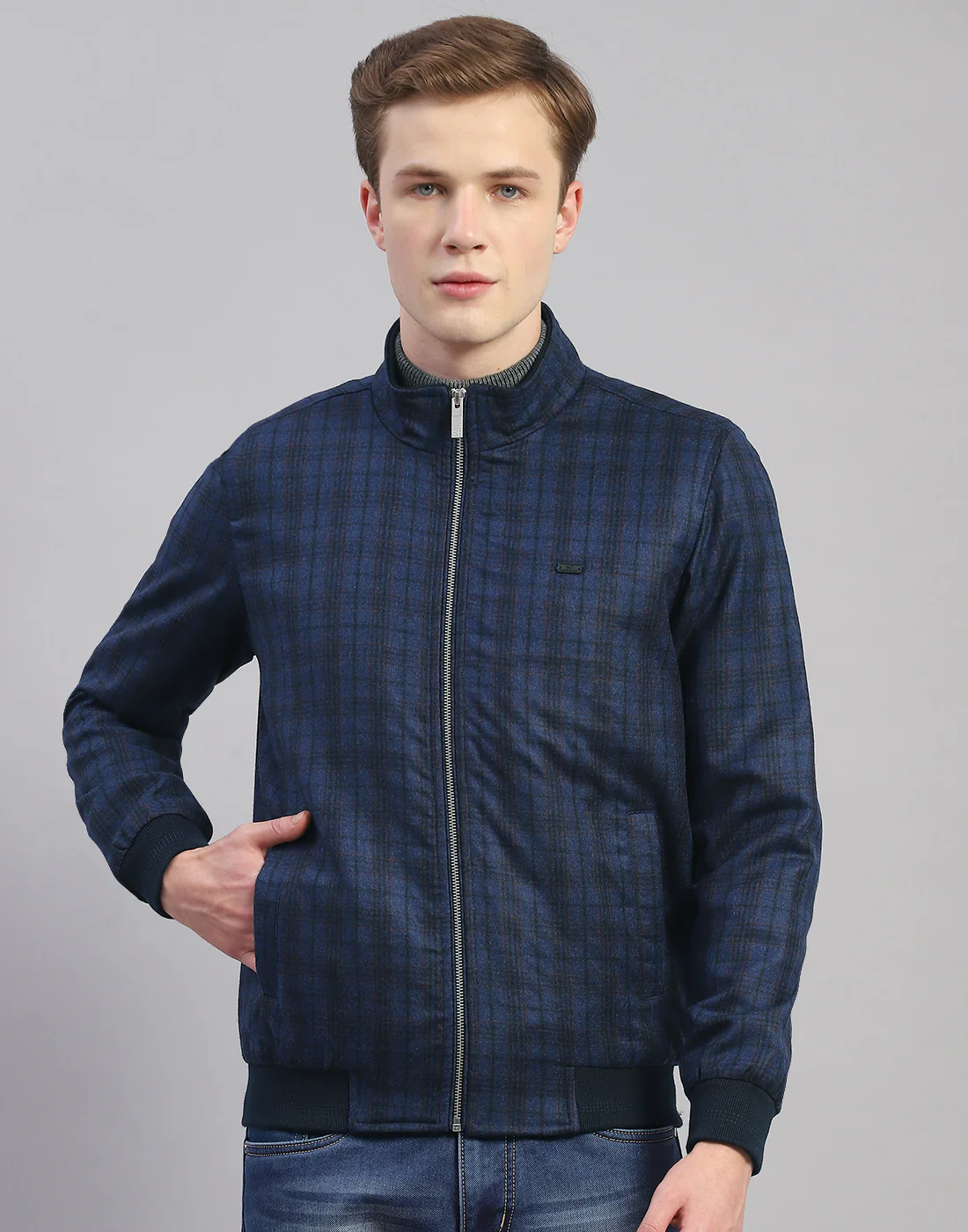Men Blue Check Mandarin Collar Full Sleeve Jacket - Image 2