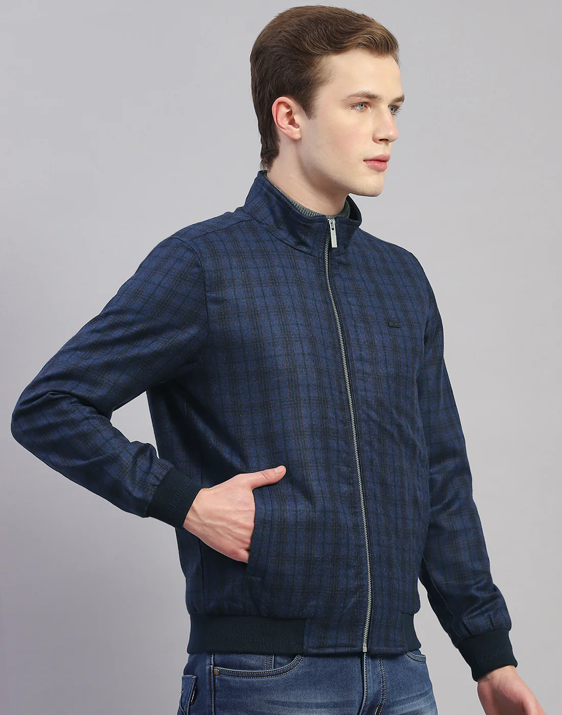 Men Blue Check Mandarin Collar Full Sleeve Jacket - Image 4