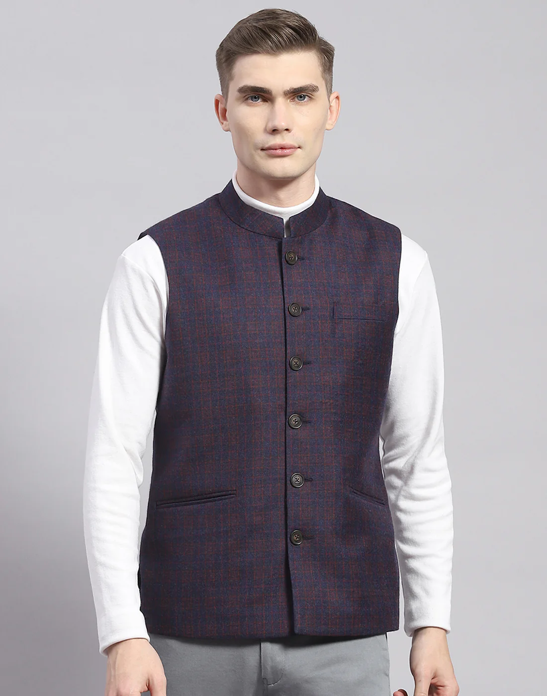 Men Blue Check Mandarin Collar Sleeveless Nehru Jacket - Image 2
