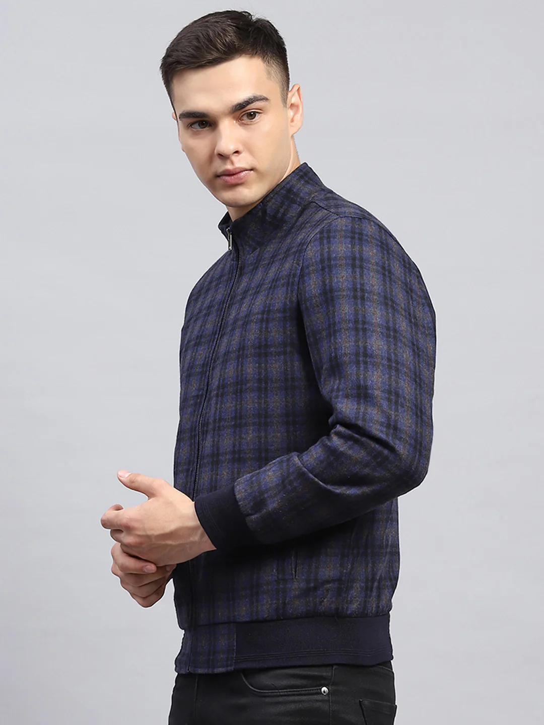 Men Blue Check Mock Neck Full Sleeve Coat - Image 3