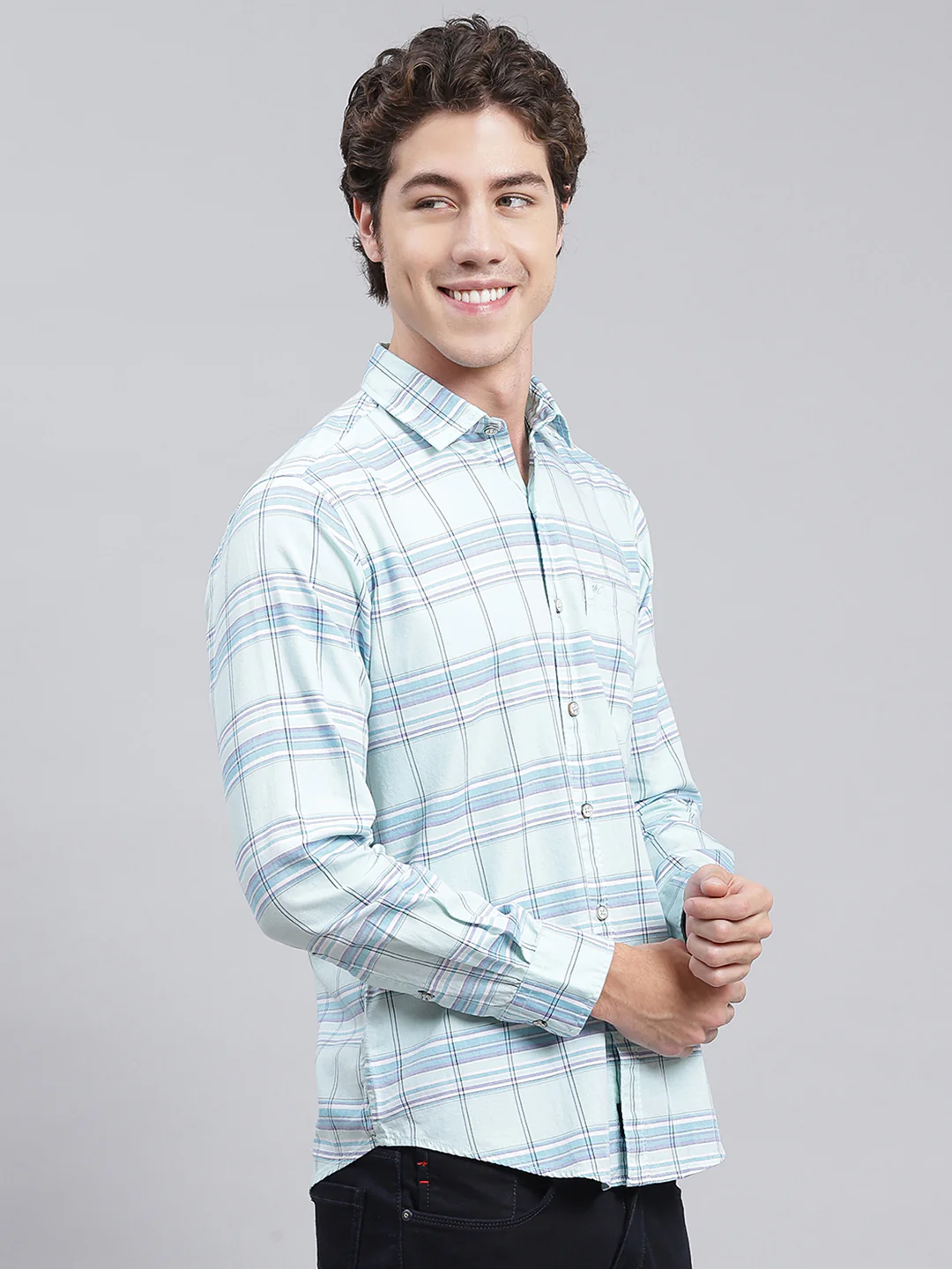 Men Blue Check Pure Cotton Shirt - Image 3