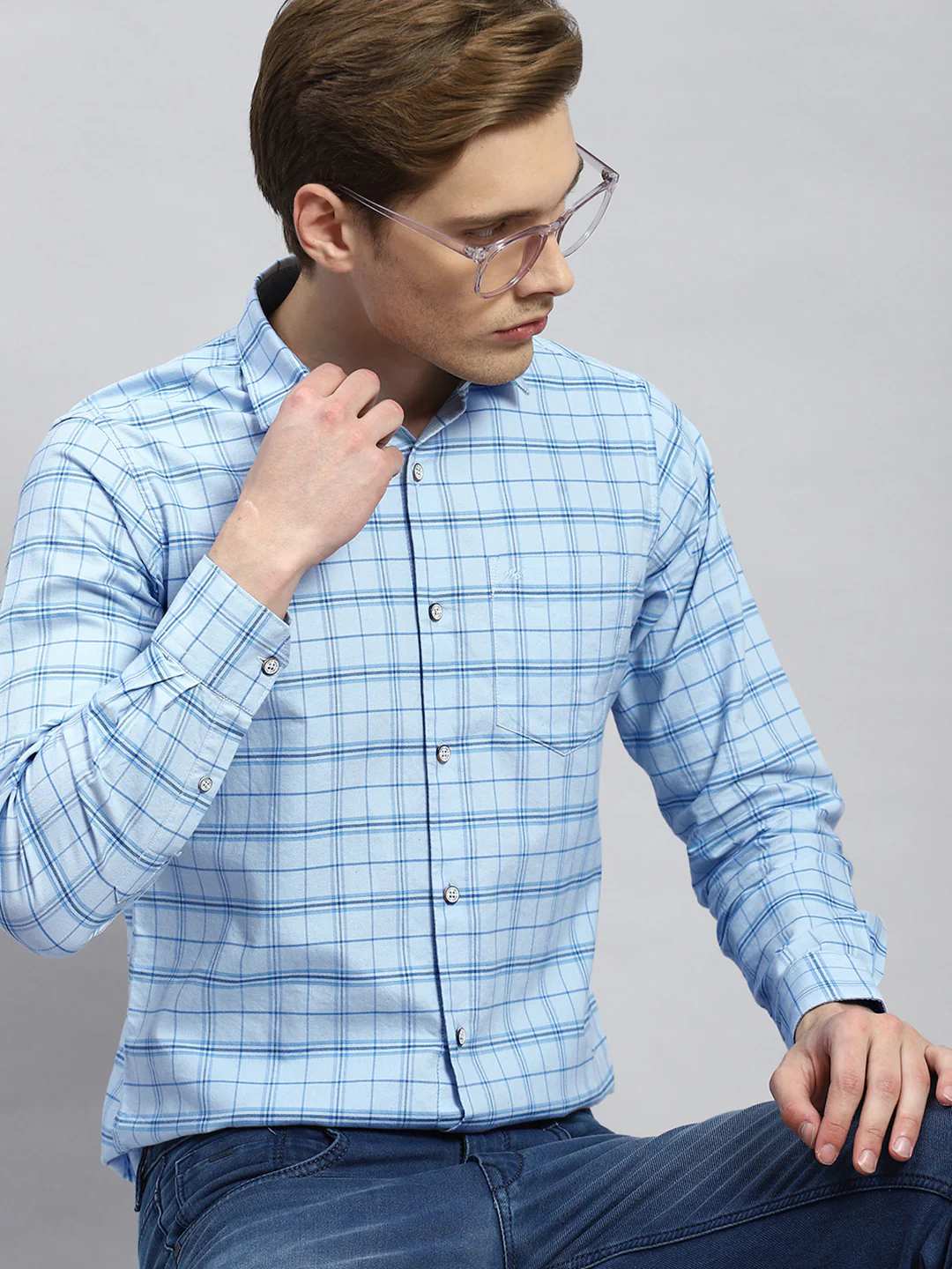 Men Blue Check Shirt - Image 2