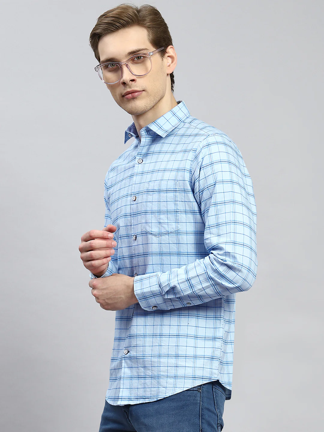 Men Blue Check Shirt - Image 4