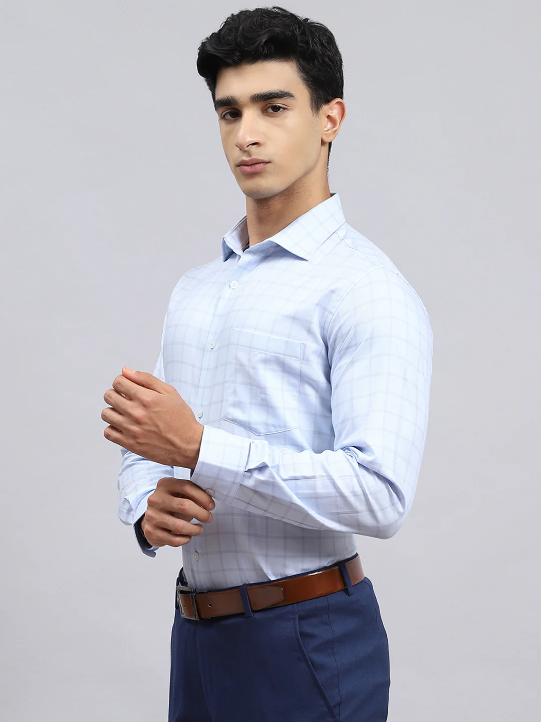 Men Blue Check Shirt - Image 4