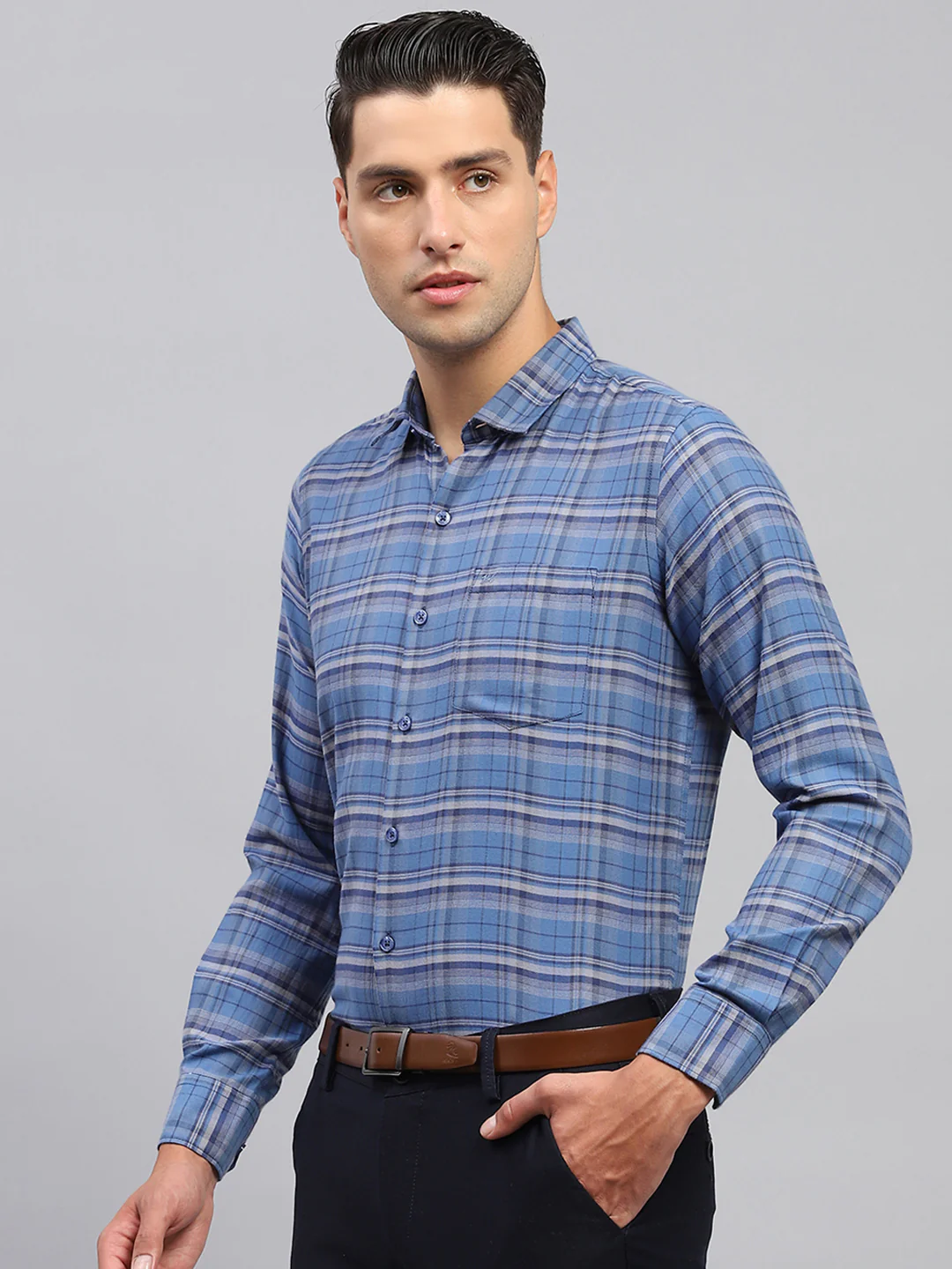 Men Blue Check Spread Collar Full Sleeve Shirt - Image 3