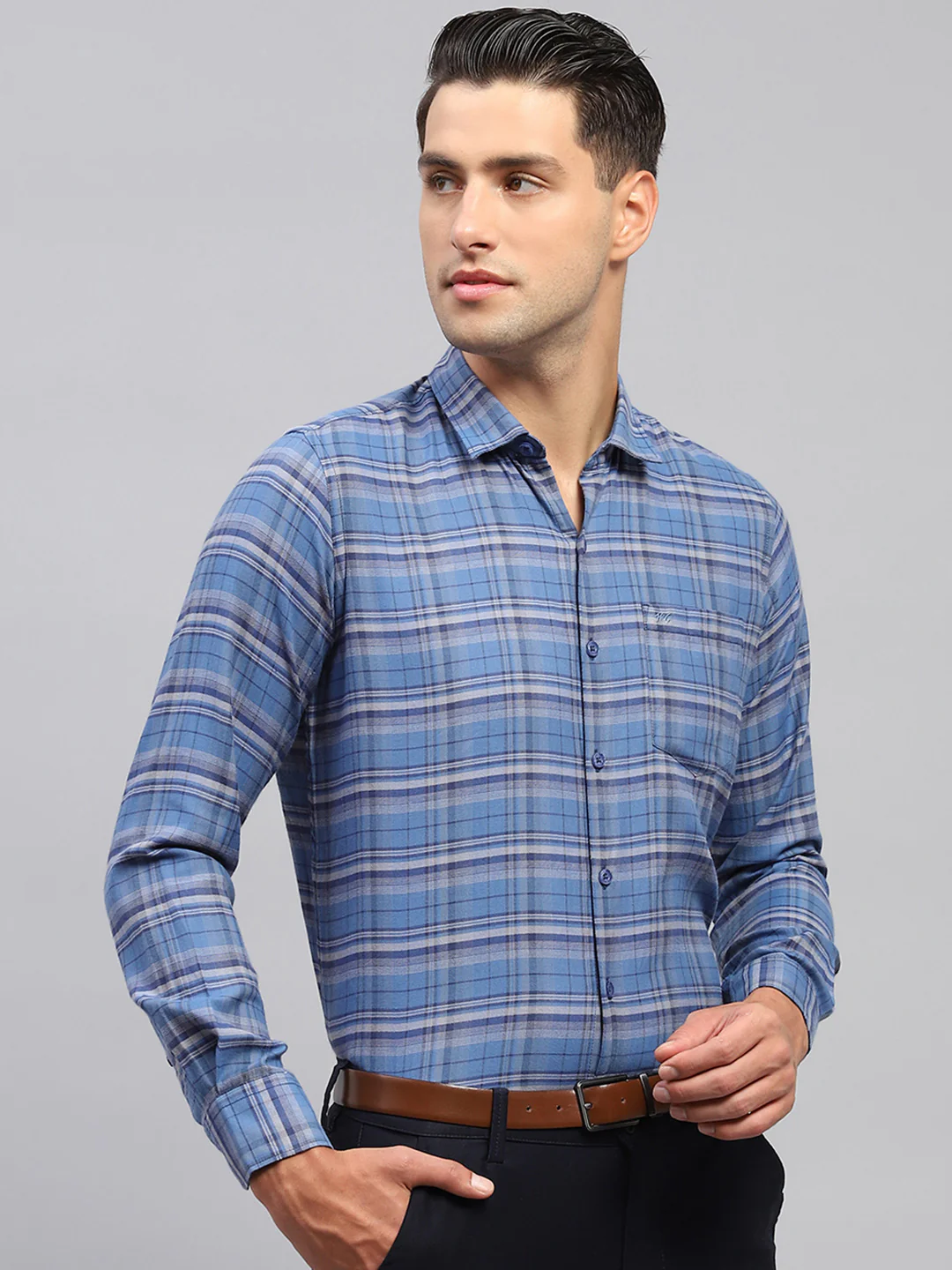 Men Blue Check Spread Collar Full Sleeve Shirt - Image 4