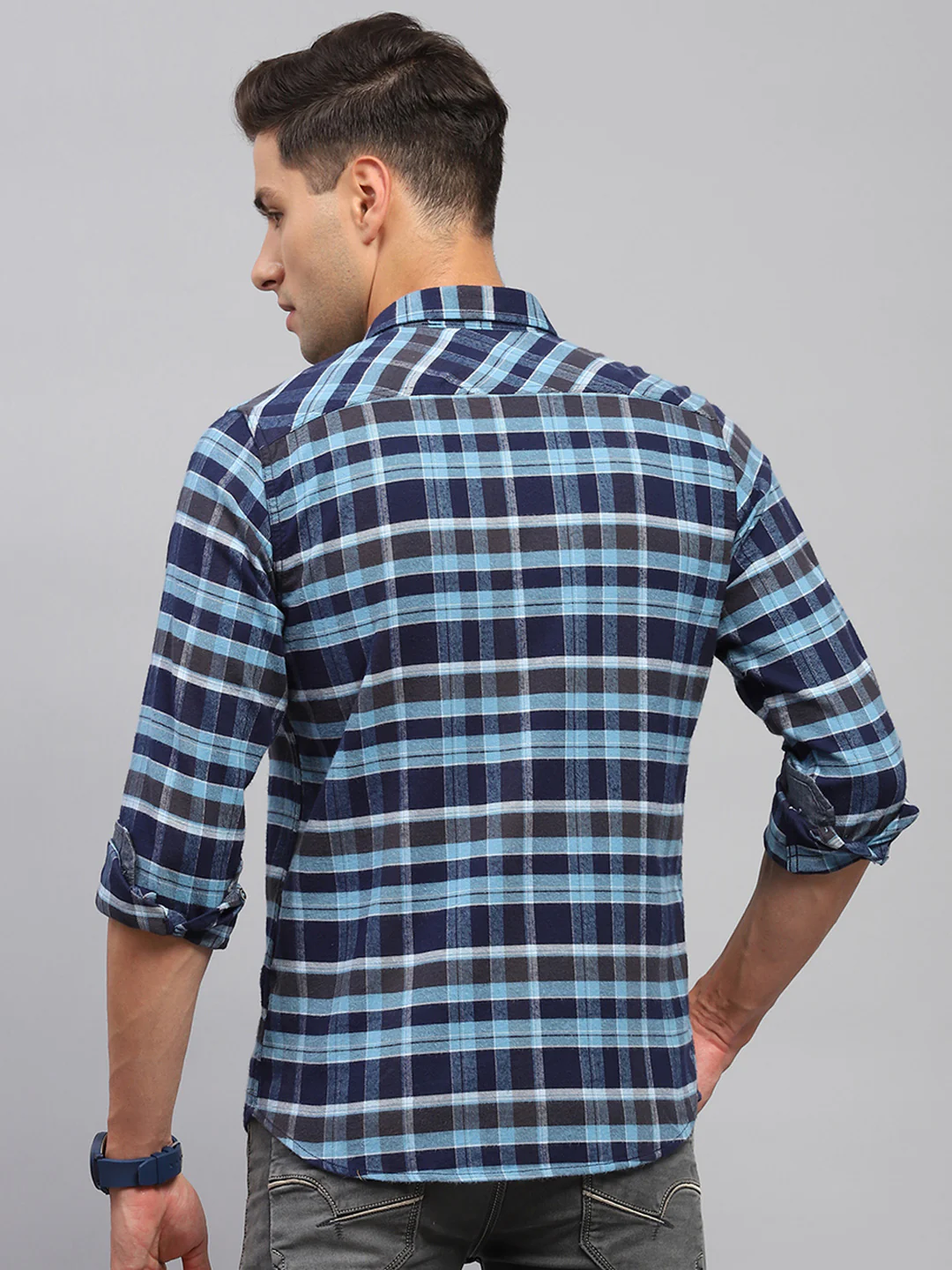 Men Blue Check Spread Collar Full Sleeve Shirt - Image 5