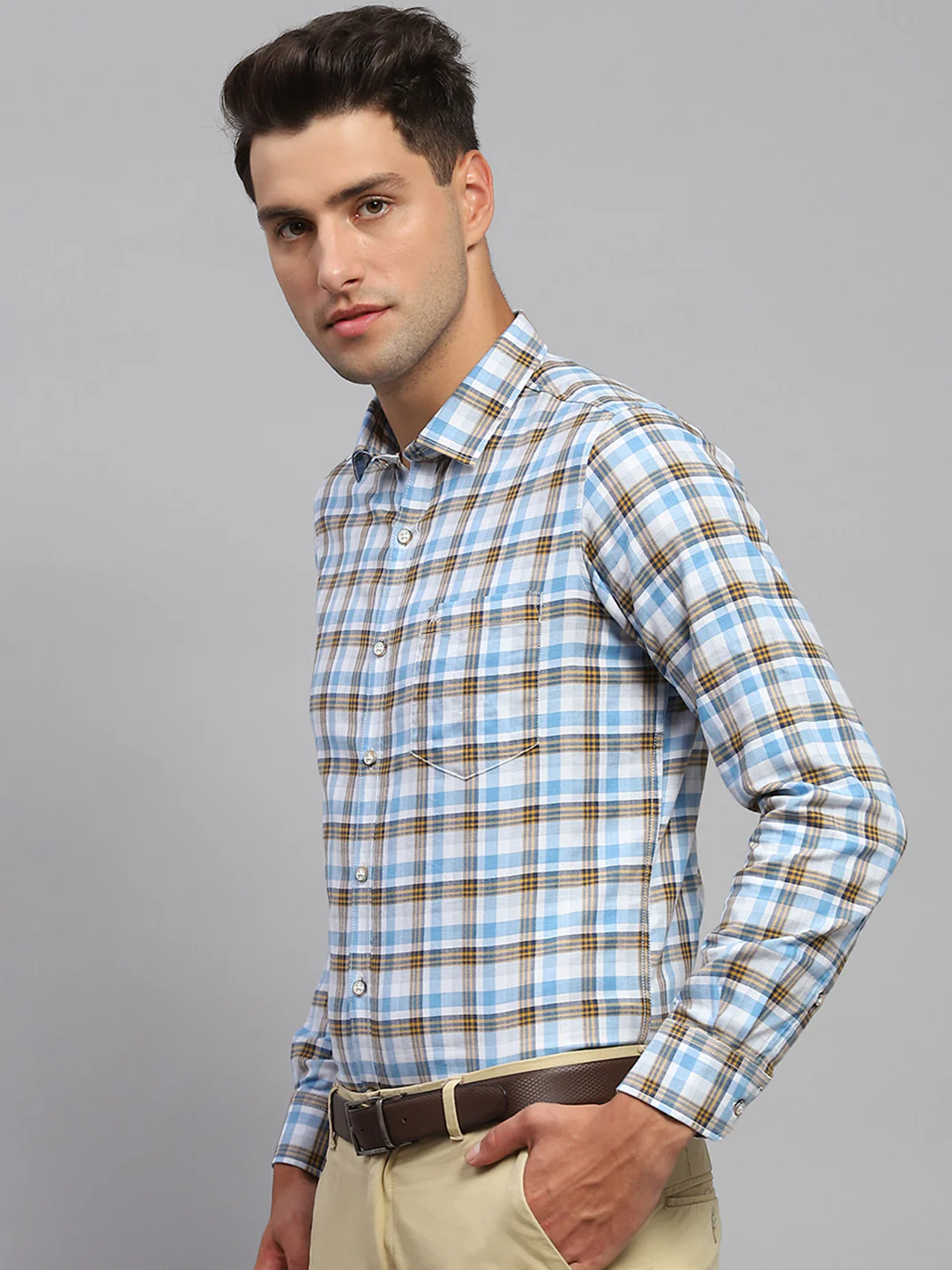 Men Blue Check Spread Collar Full Sleeve Shirt - Image 3