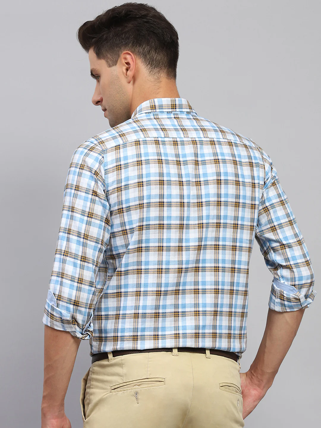 Men Blue Check Spread Collar Full Sleeve Shirt - Image 5