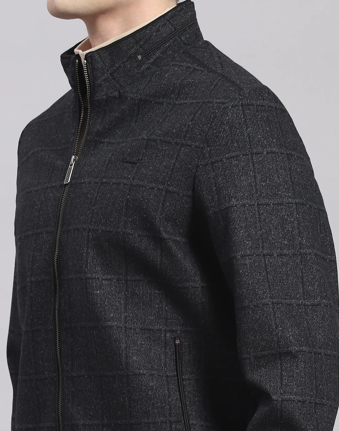 Men Blue Check Stand Collar Full Sleeve Jacket - Image 6