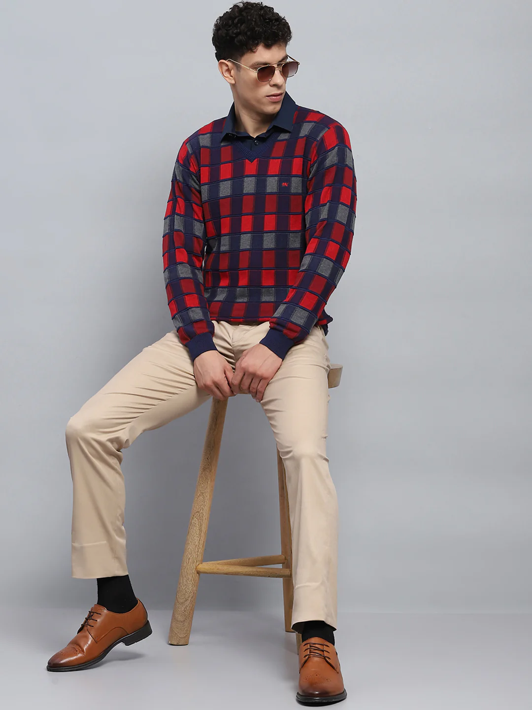 Men Blue Check V Neck Full Sleeve Pullover - Image 2