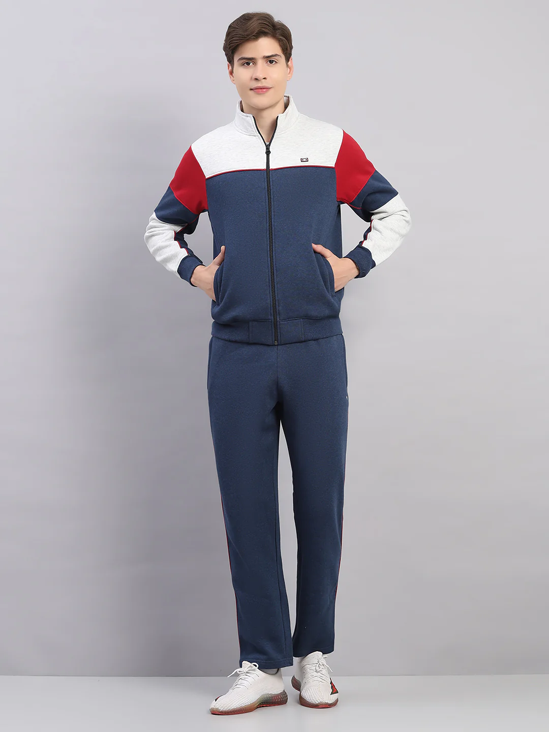 Men Blue Colourblocked Stand Collar Full Sleeve Winter Tracksuit