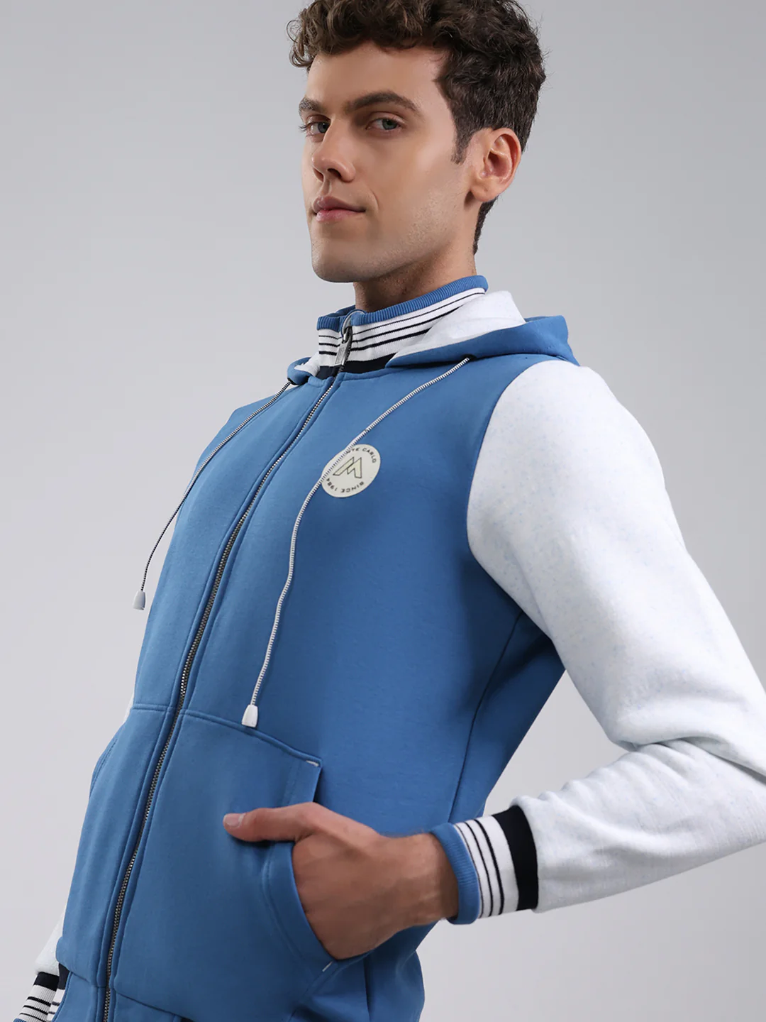 Men Blue Embroidered Hooded Full Sleeve Sweatshirt - Image 6