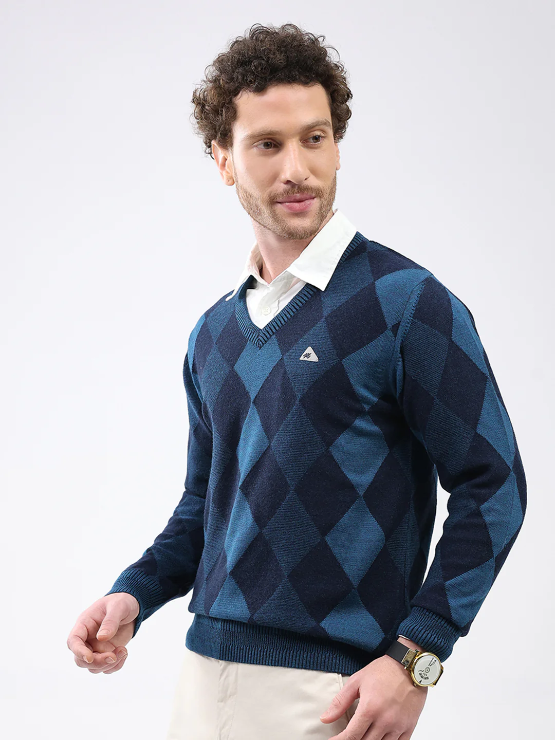 Men Blue Geometric V Neck Full Sleeve Pullover - Image 3