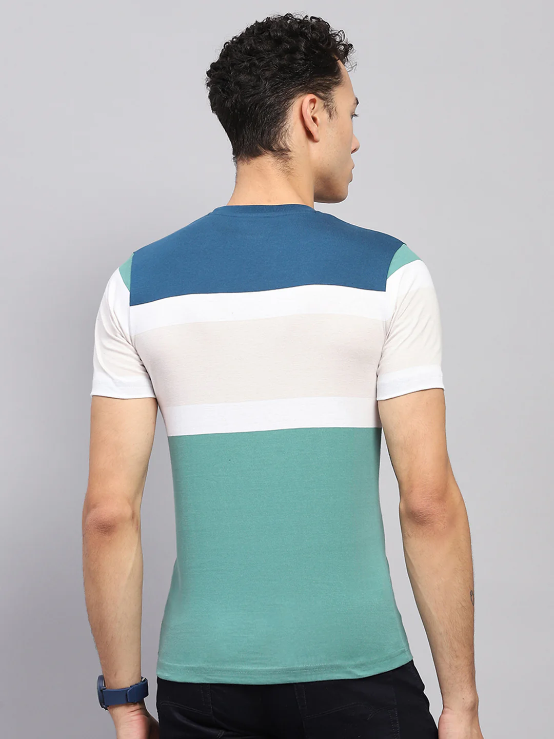 Men Blue & Green Stripe Round Neck Half Sleeve T-Shirt - Image 5