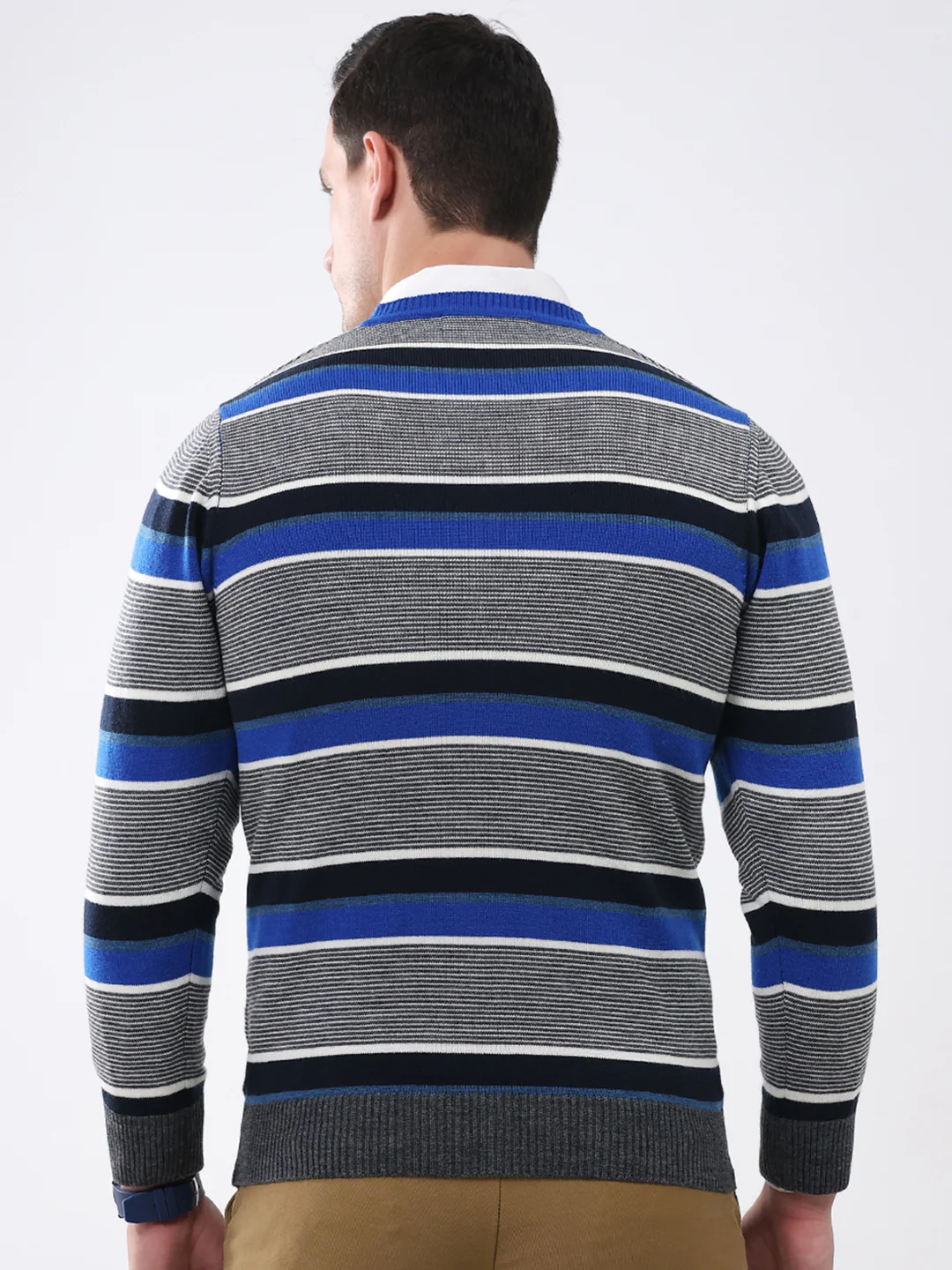Men Blue & Grey Stripe V Neck Full Sleeve Pullover - Image 5