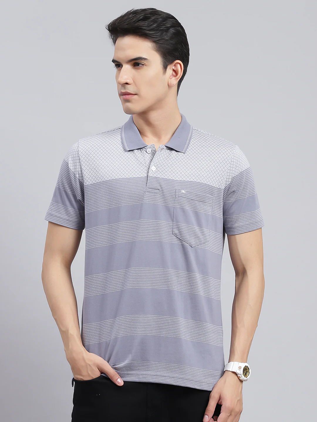 Men Blue Jaquard Cotton Blend T-Shirt - Image 2