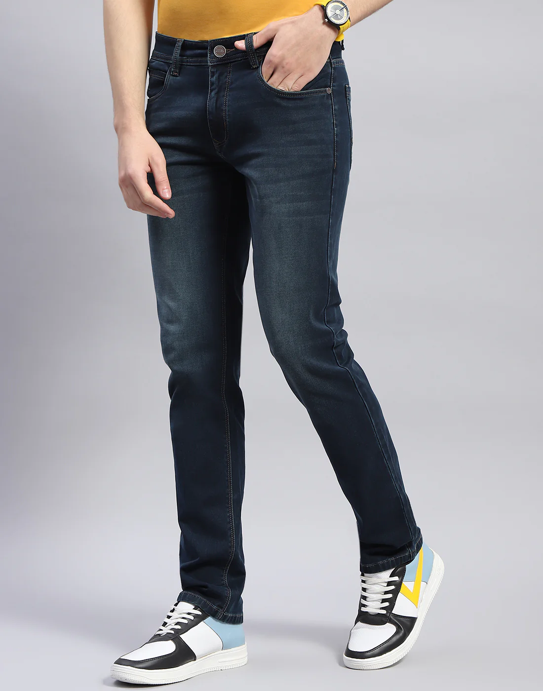 Men Blue Light Wash Narrow Fit Denim - Image 3