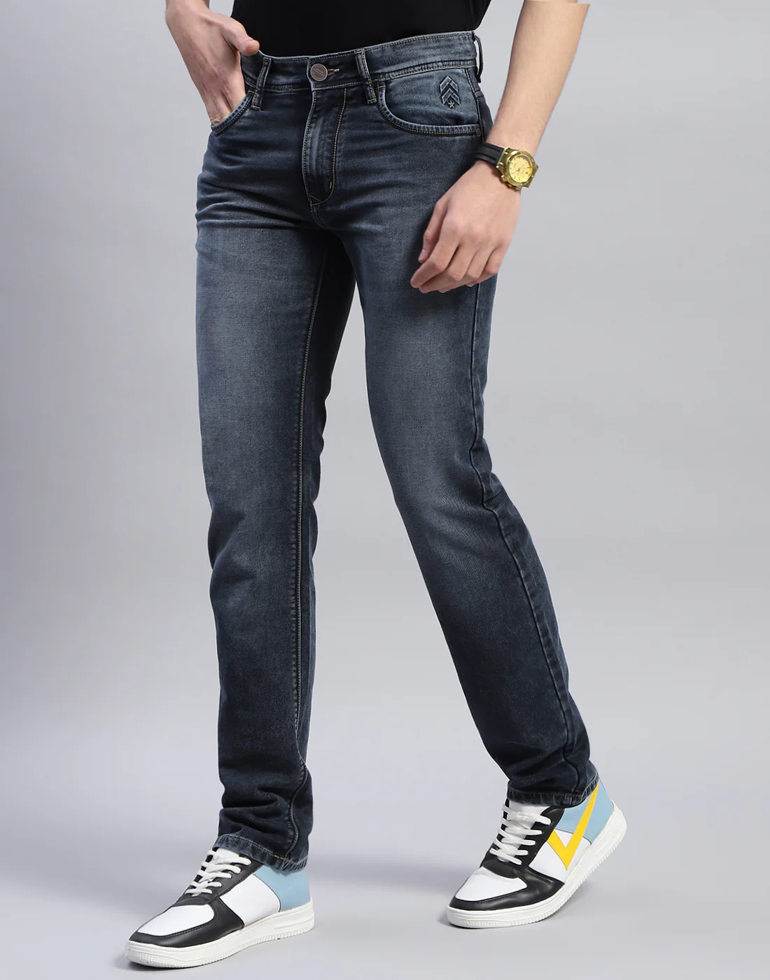 Men Blue Light Wash Narrow Fit Denim - Image 3