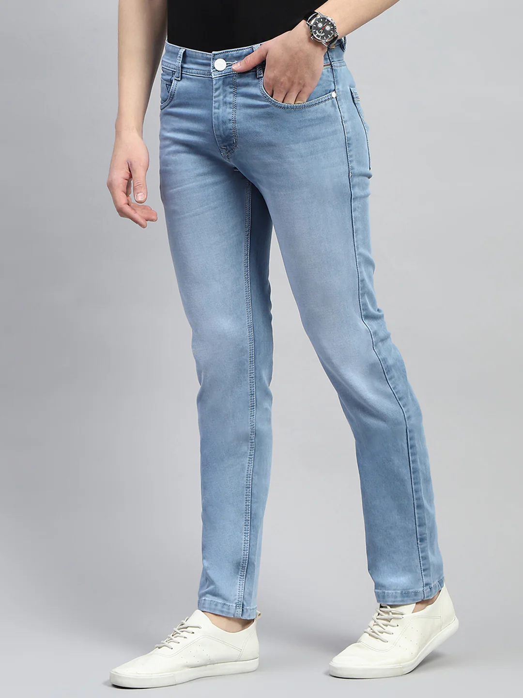Men Blue Light Wash Narrow Fit Denim - Image 5