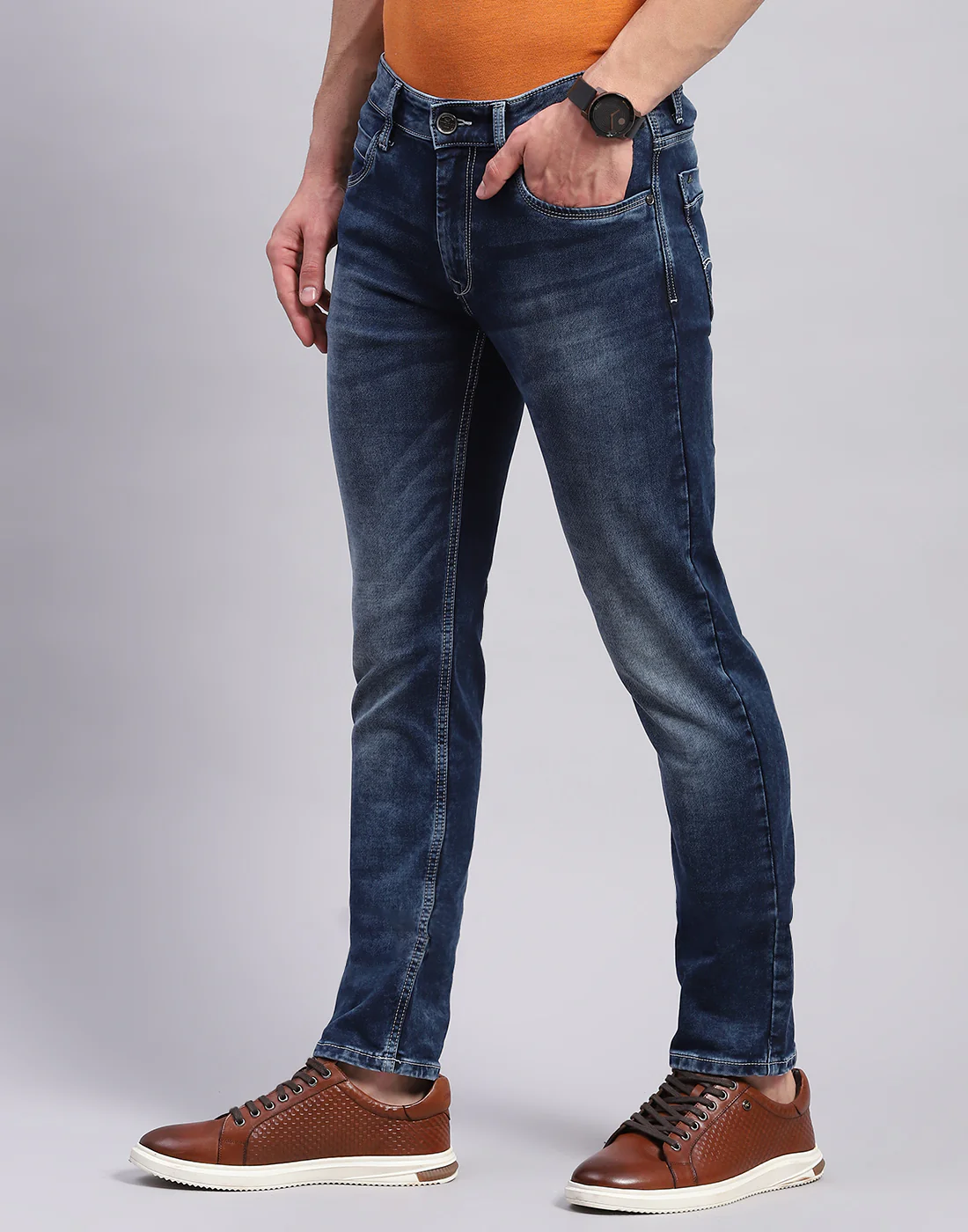 Men Blue Light Wash Narrow Fit Denim - Image 3