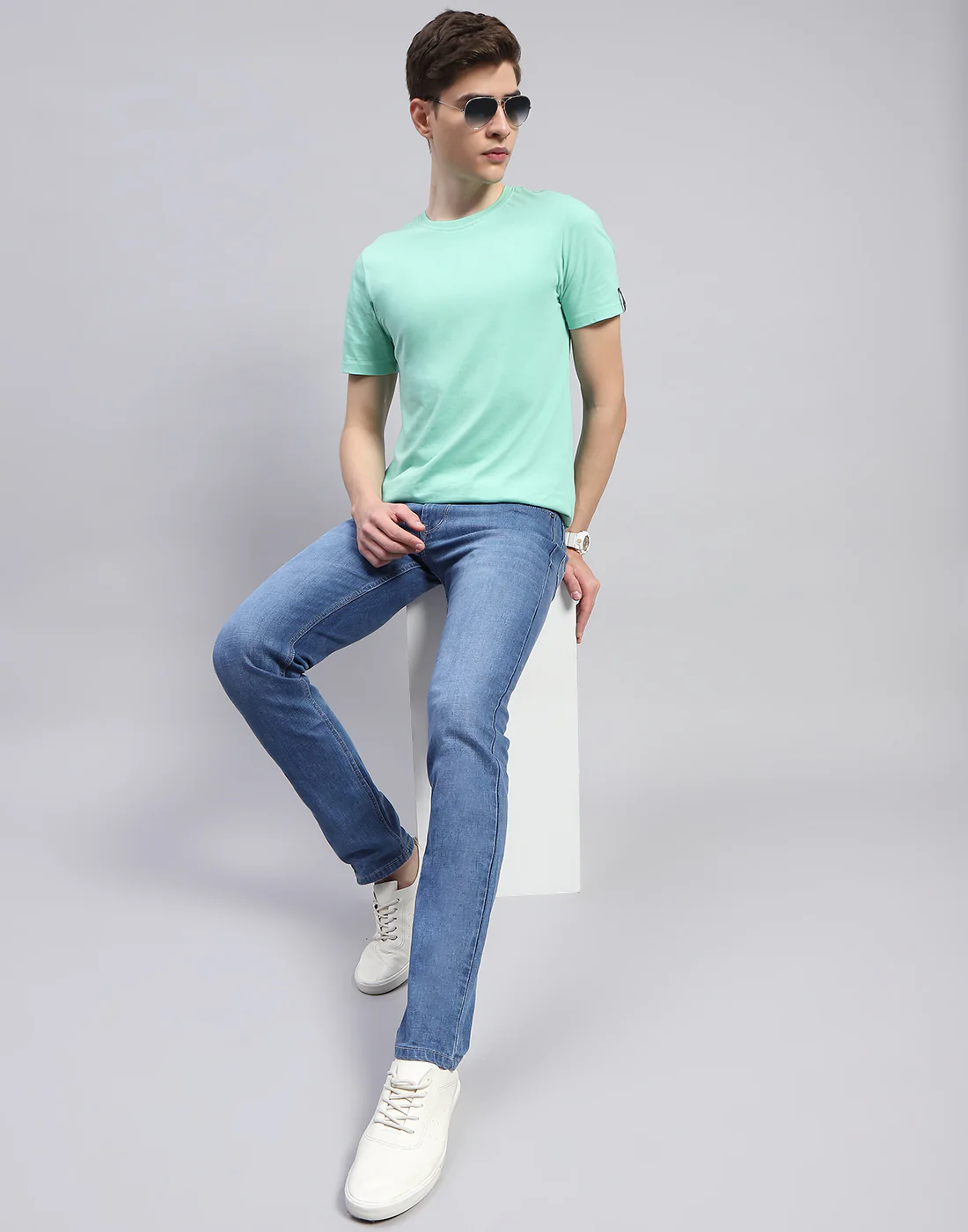 Men Blue Light Wash Narrow Fit Denim - Image 2