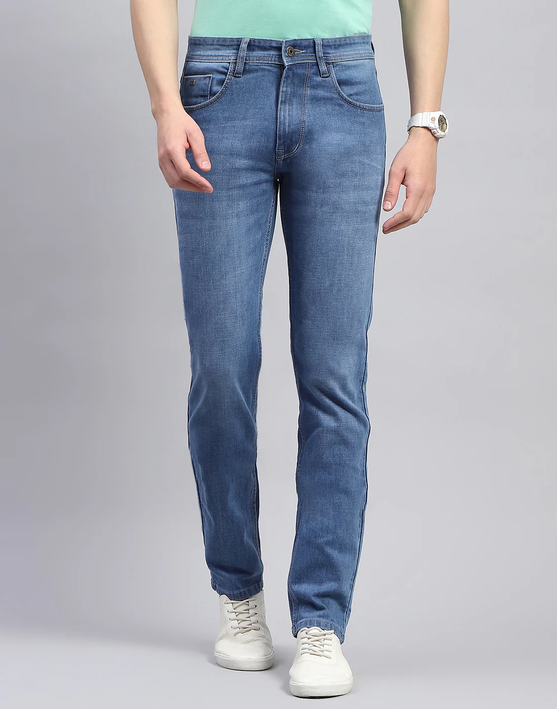 Men Blue Light Wash Narrow Fit Denim - Image 3