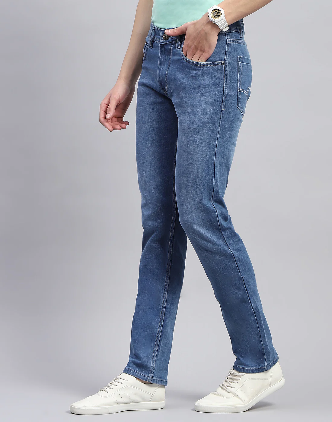 Men Blue Light Wash Narrow Fit Denim - Image 4