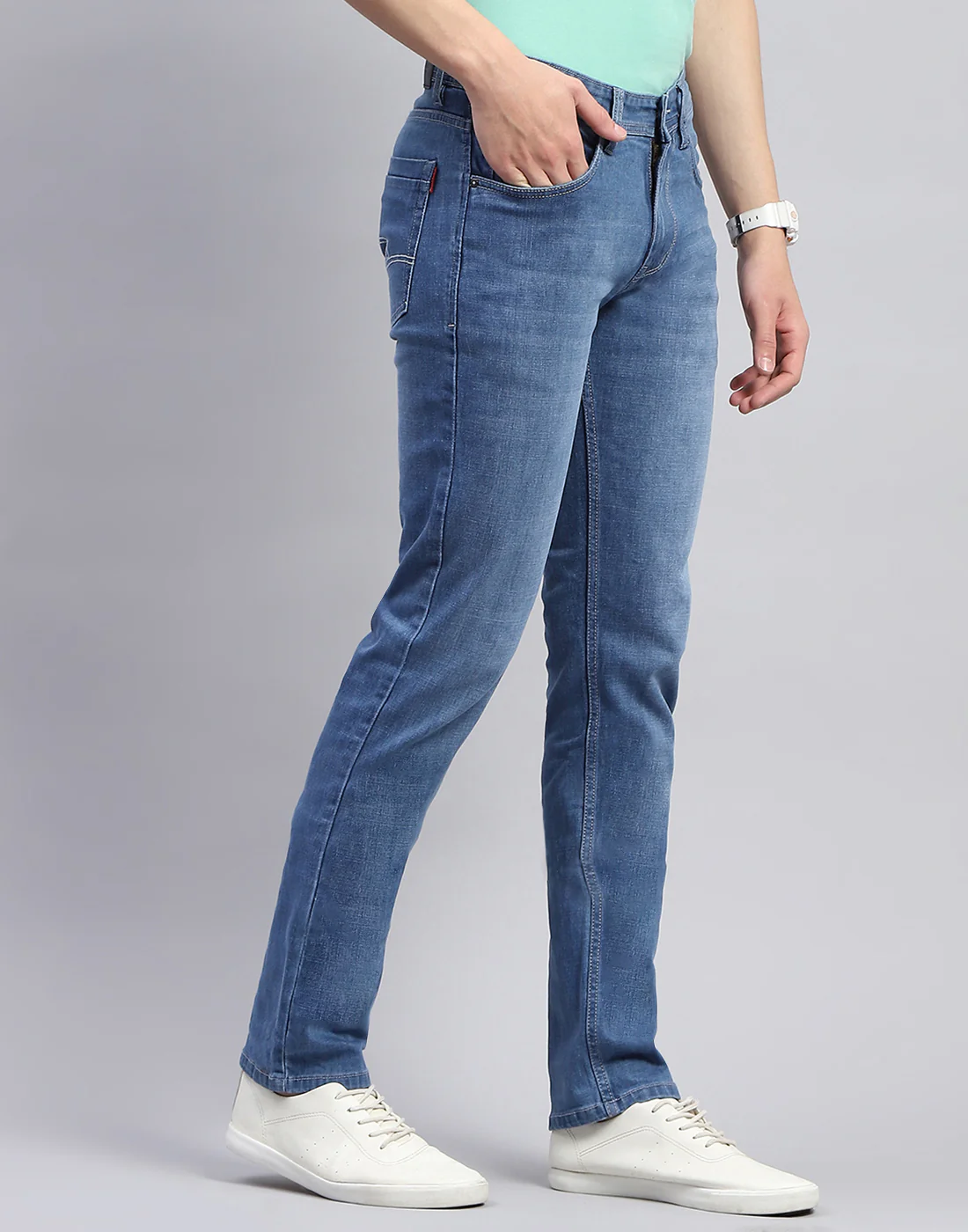 Men Blue Light Wash Narrow Fit Denim - Image 5