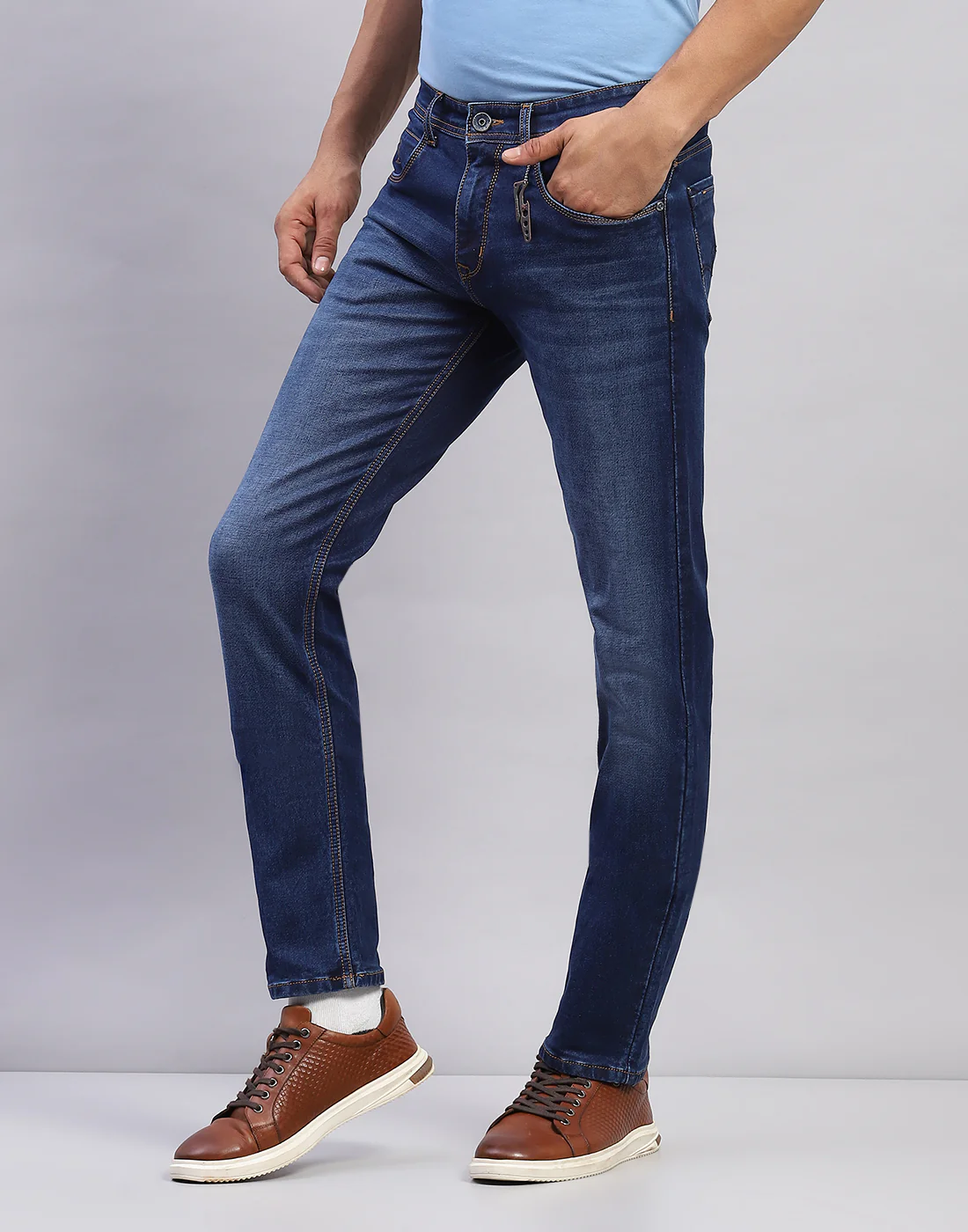 Men Blue Light Wash Narrow Fit Denim - Image 3