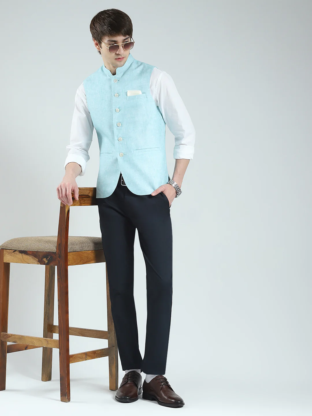 Men Blue Printed Band Neck Sleeveless Nehru Jacket - Image 2