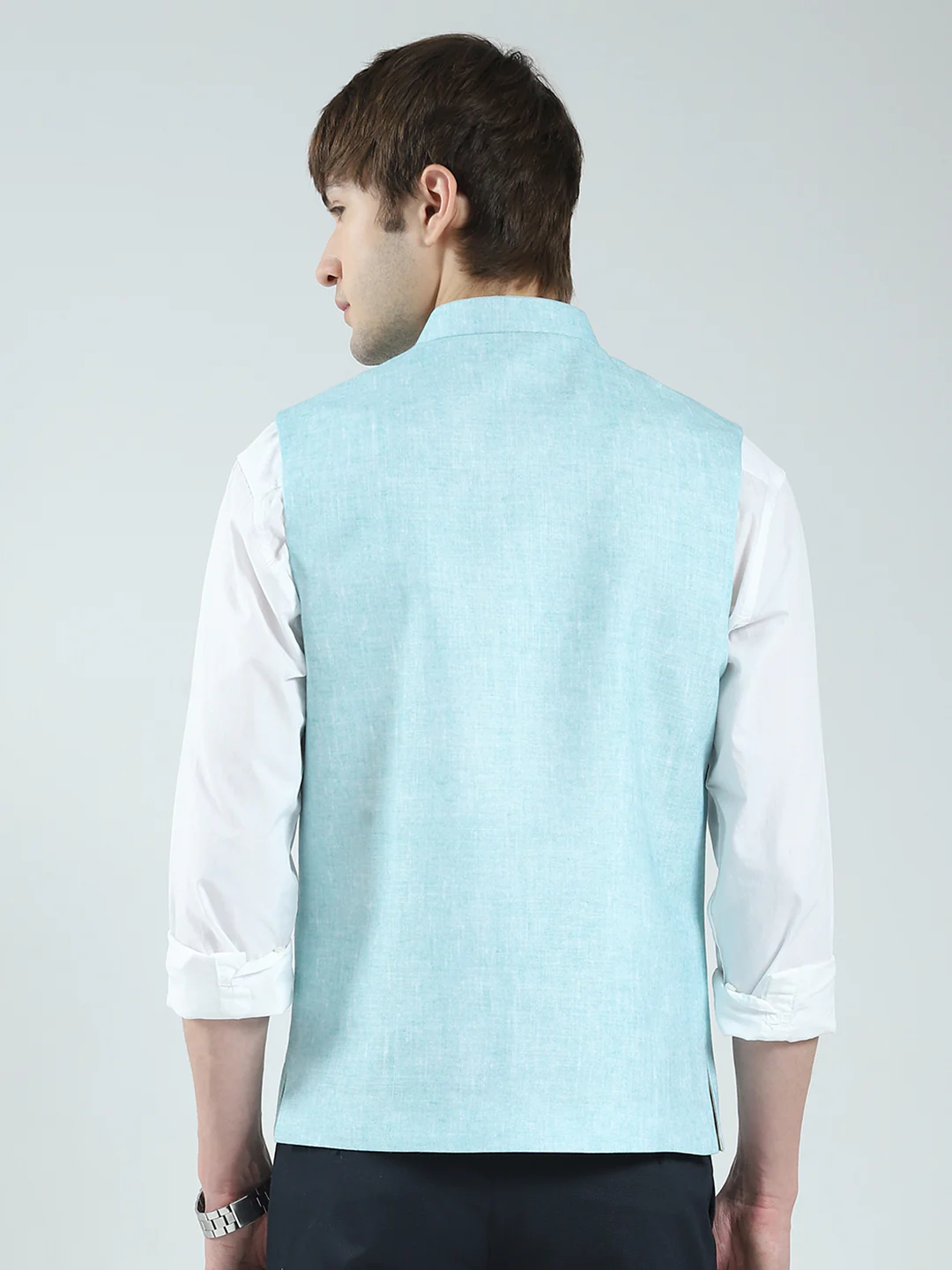 Men Blue Printed Band Neck Sleeveless Nehru Jacket - Image 5
