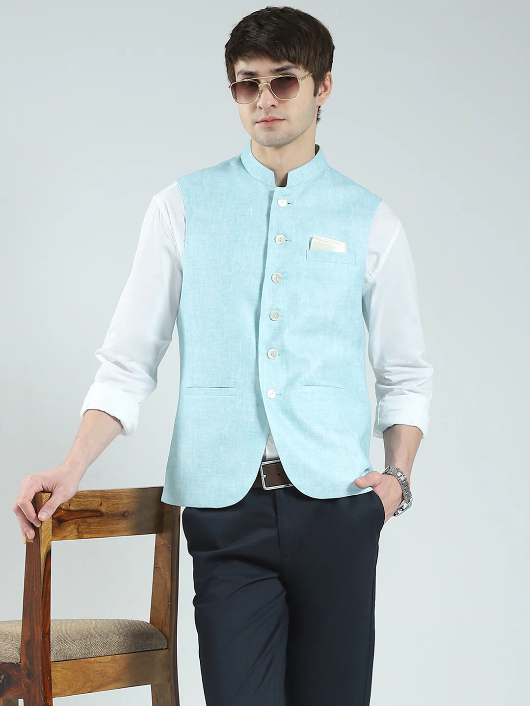 Men Blue Printed Band Neck Sleeveless Nehru Jacket - Image 6