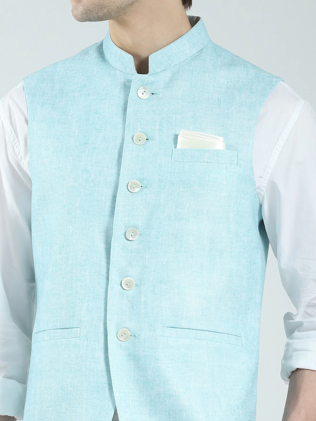 Men Blue Printed Band Neck Sleeveless Nehru Jacket - Image 7