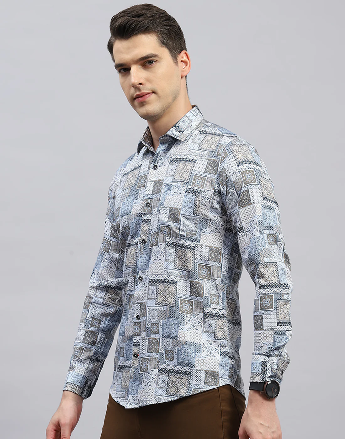 Men Blue Printed Collar Full Sleeve Shirt - Image 3