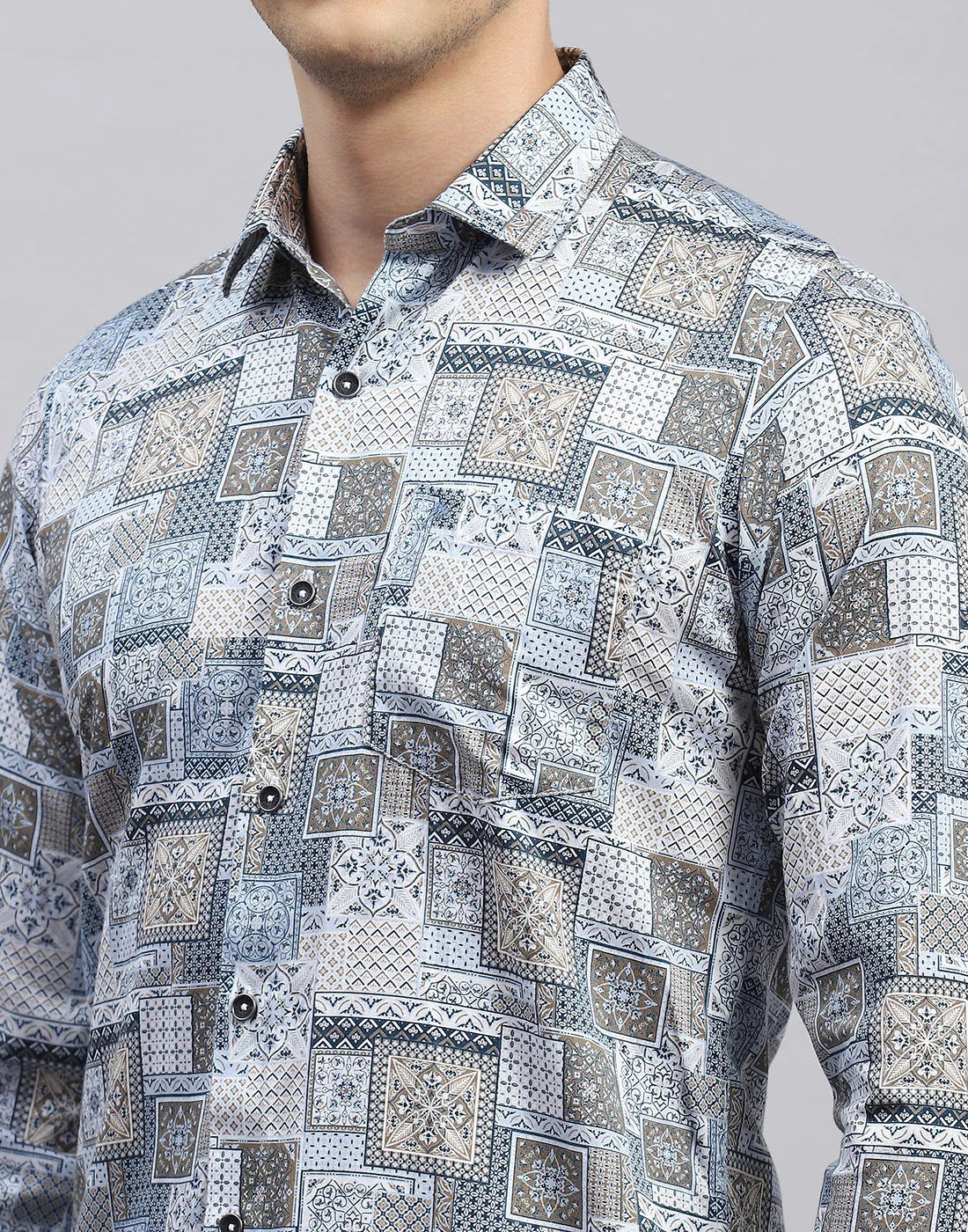 Men Blue Printed Collar Full Sleeve Shirt - Image 6