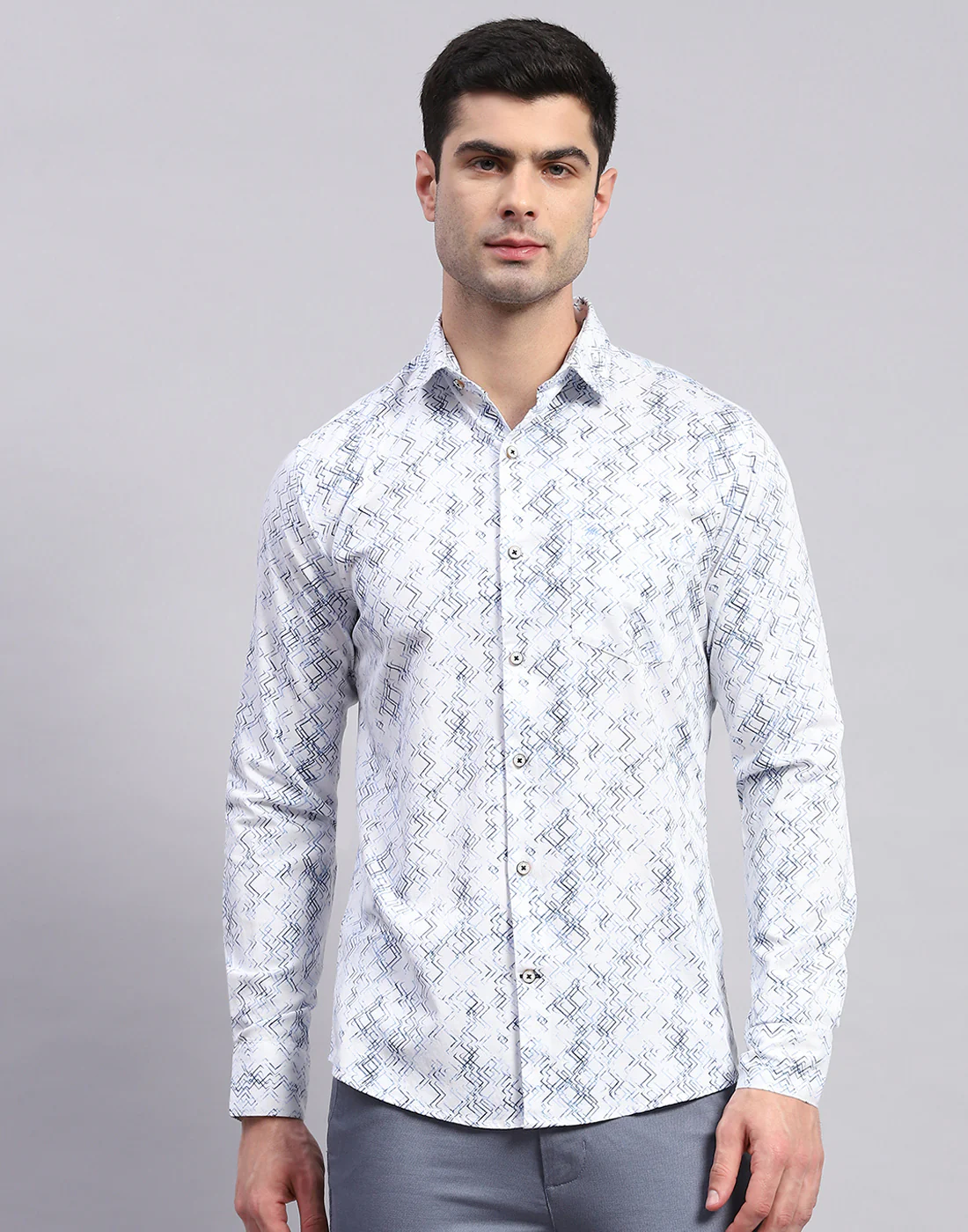 Men Blue Printed Collar Full Sleeve Shirt - Image 3