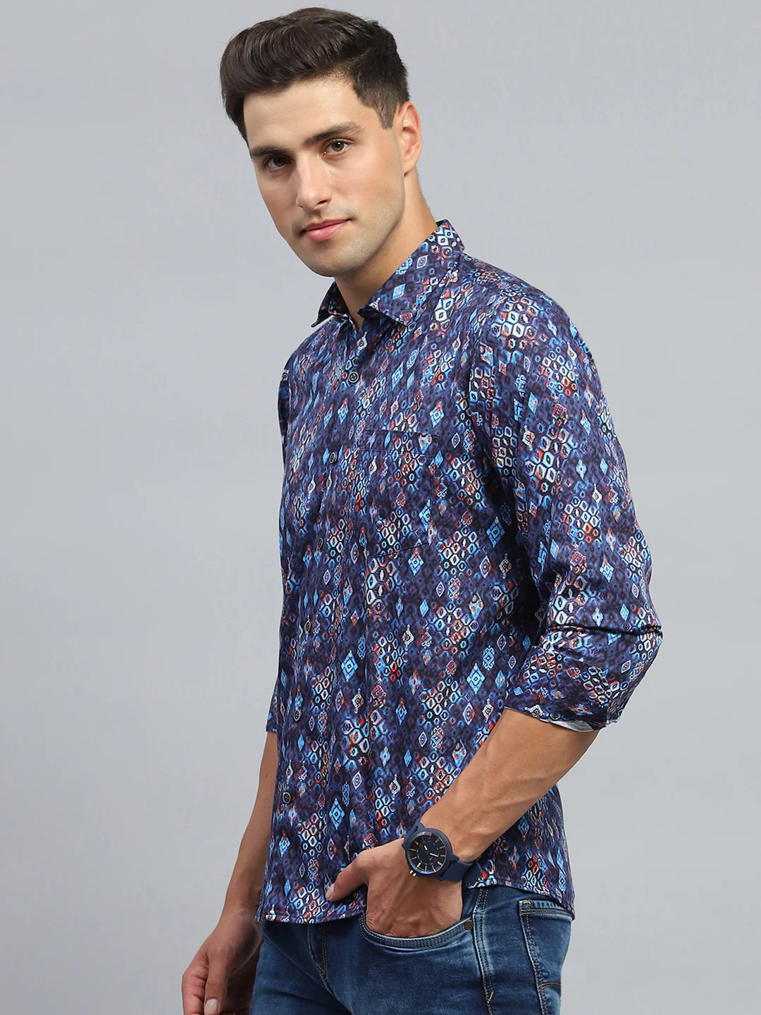 Men Blue Printed Collar Full Sleeve Shirt - Image 3