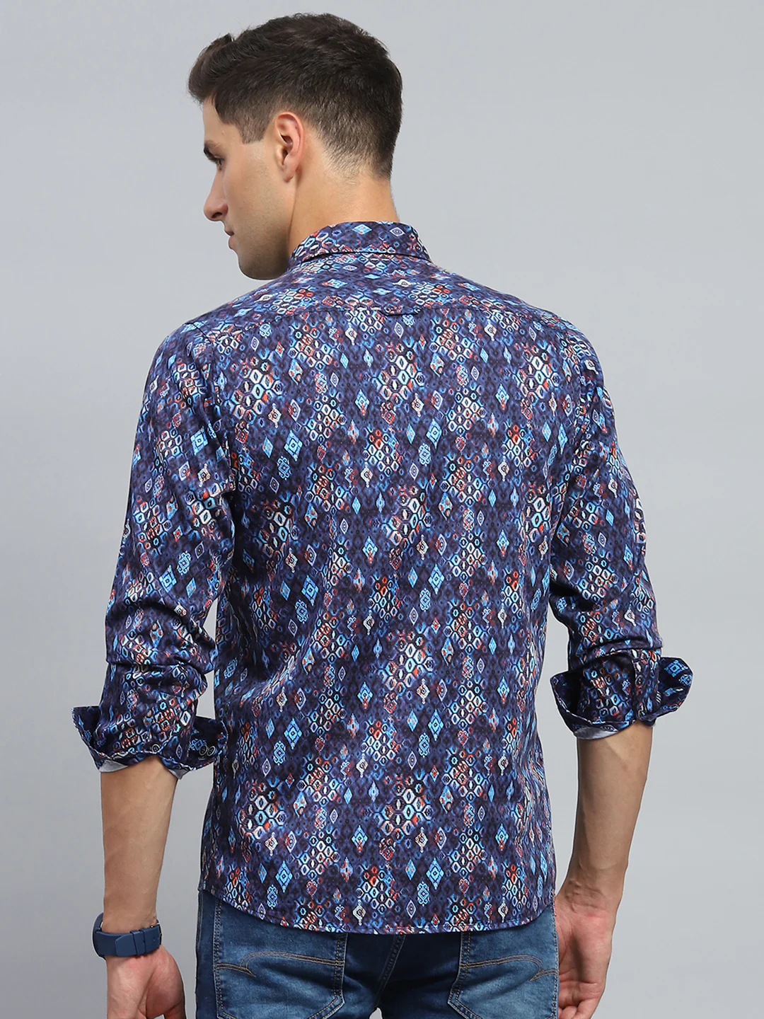 Men Blue Printed Collar Full Sleeve Shirt - Image 5