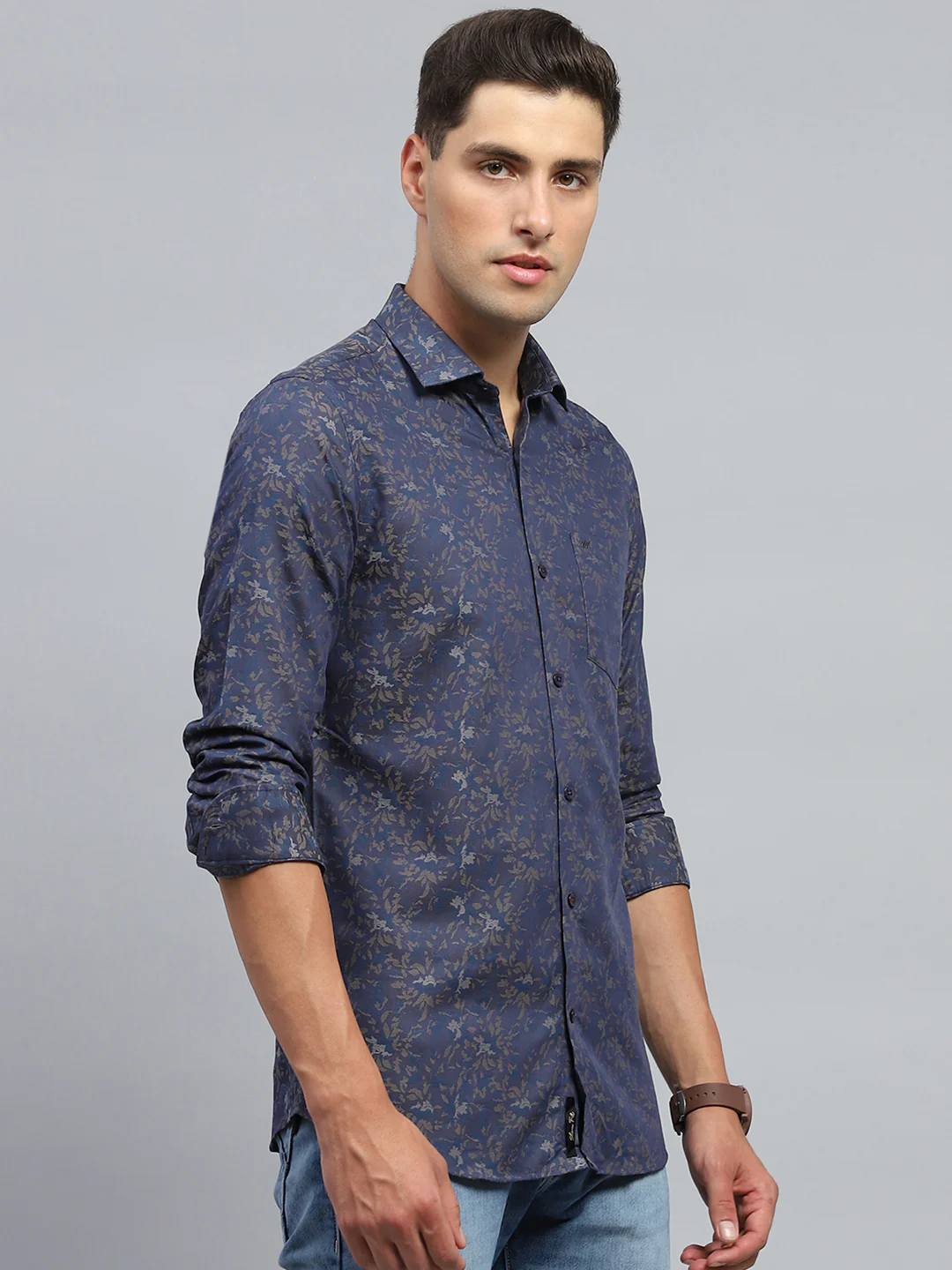 Men Blue Printed Collar Full Sleeve Shirt - Image 4