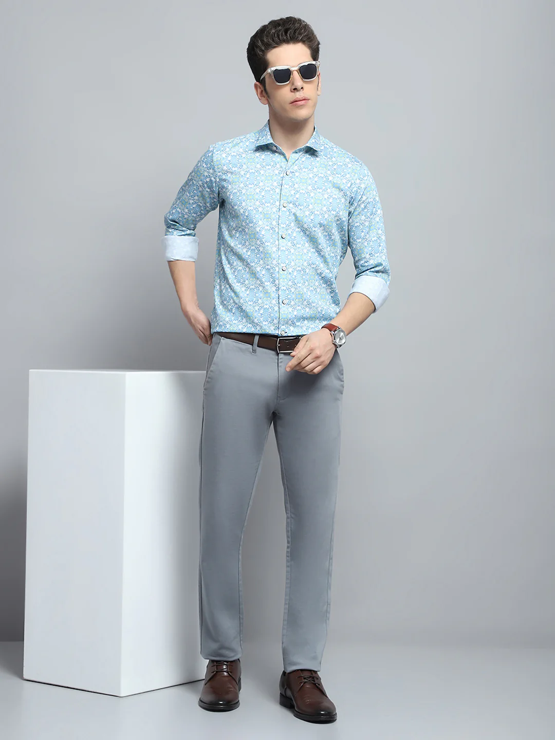 Men Blue Printed Collar Full Sleeve Shirt - Image 2