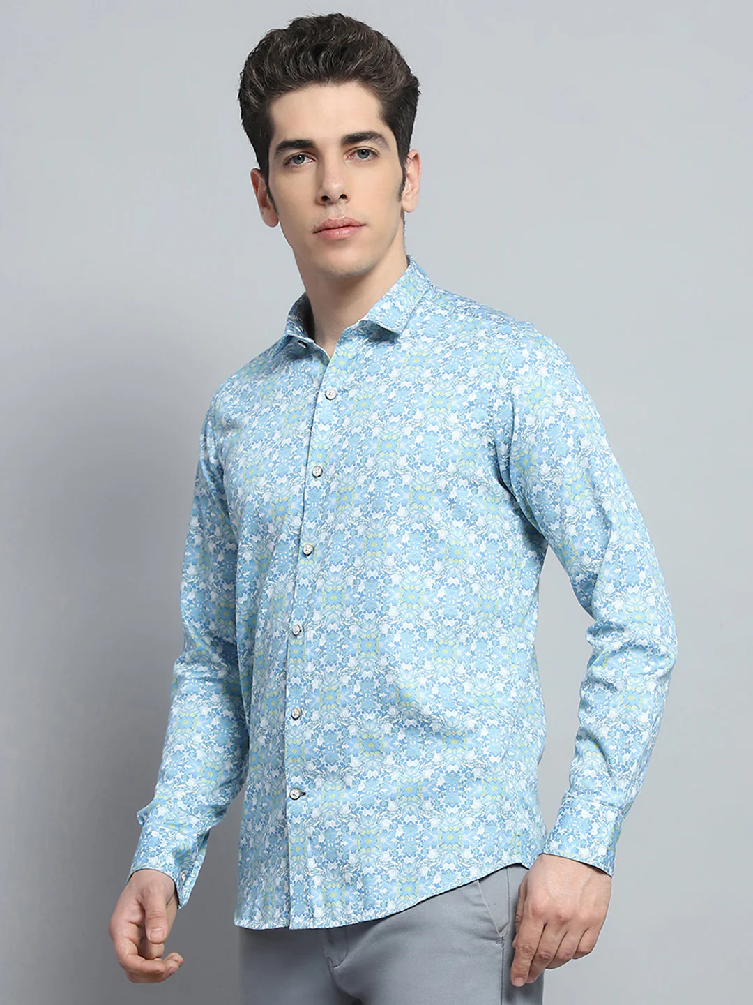 Men Blue Printed Collar Full Sleeve Shirt - Image 3