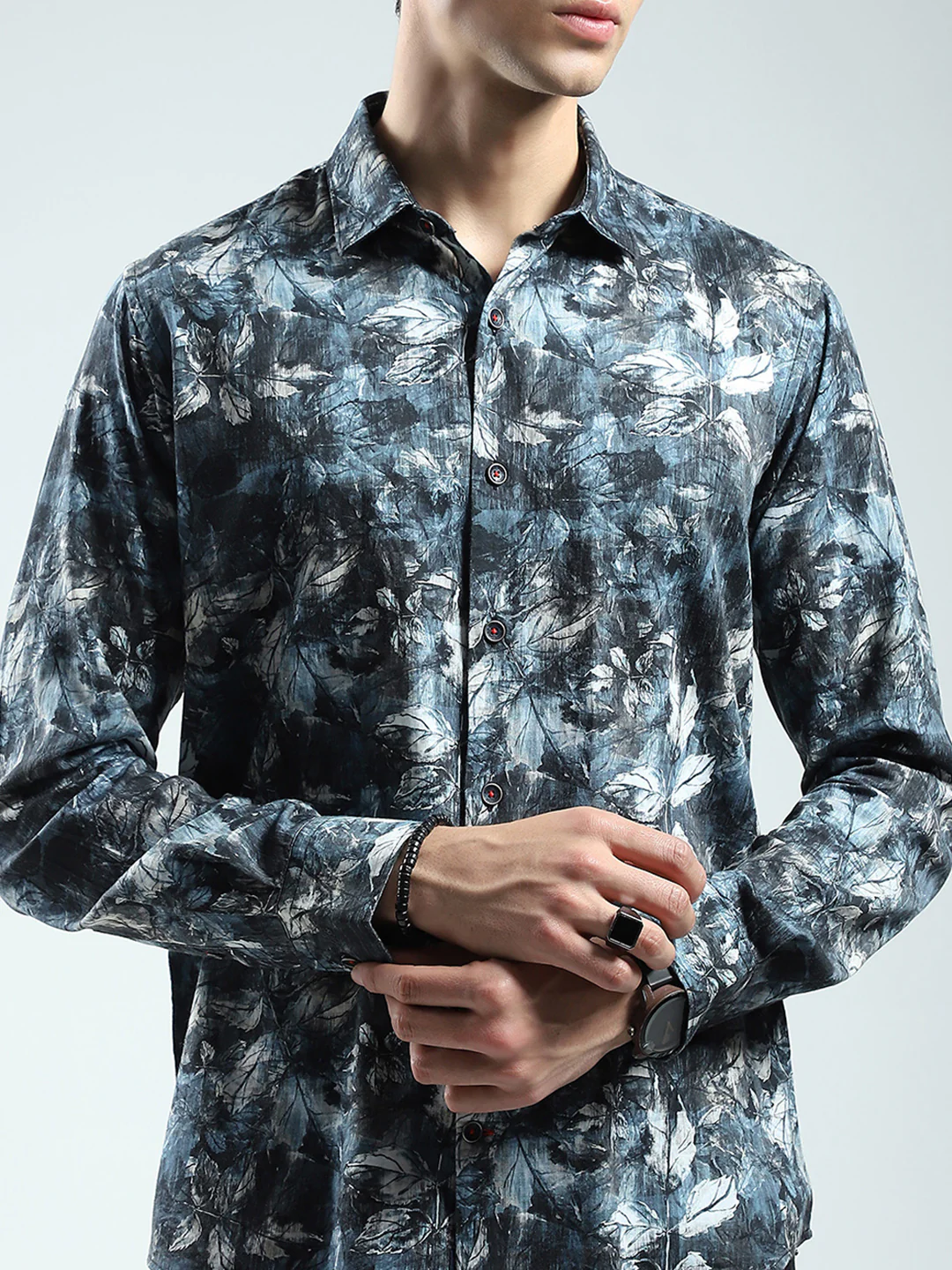 Men Blue Printed Collar Full Sleeve Shirt - Image 6