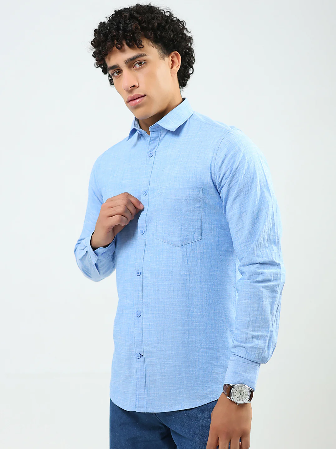 Men Blue Printed Collar Full Sleeve Shirt - Image 3