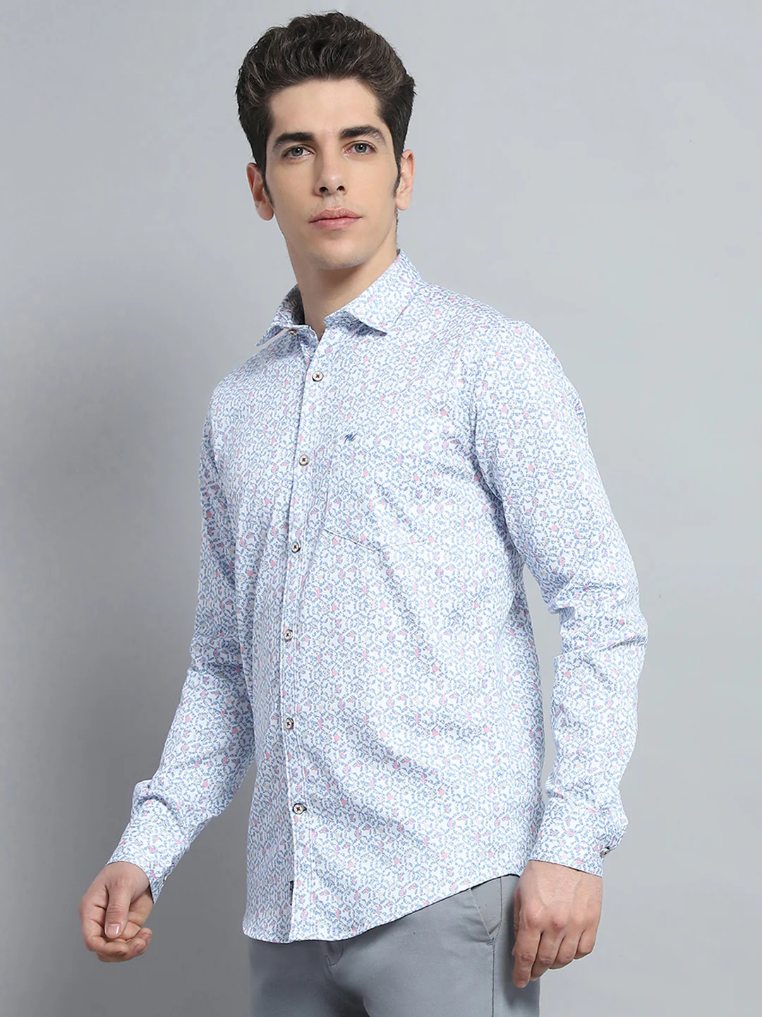 Men Blue Printed Collar Full Sleeve Shirt - Image 3
