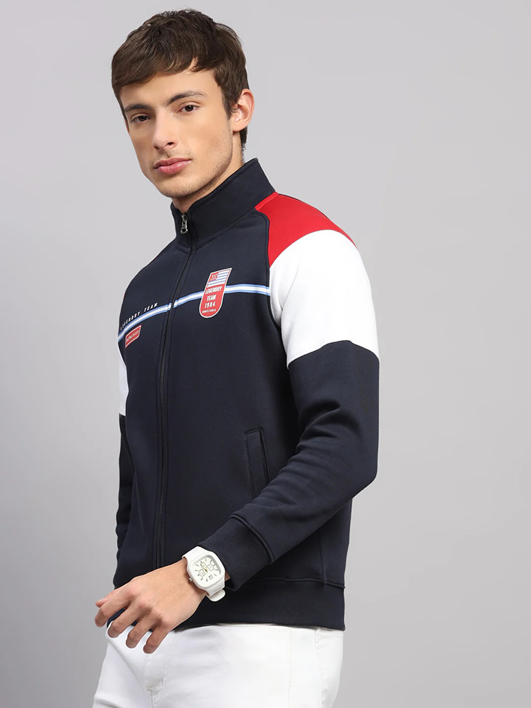 Men Blue Printed Collar Full Sleeve Sweatshirt - Image 3