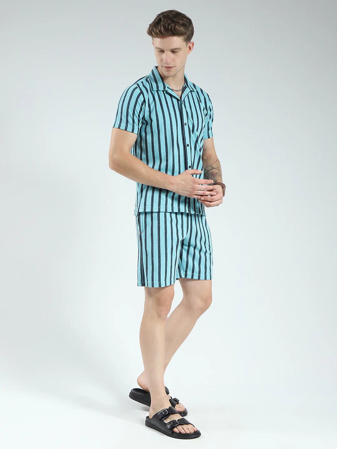 Men Blue Printed Collar Half Sleeve Bermuda Set - Image 4