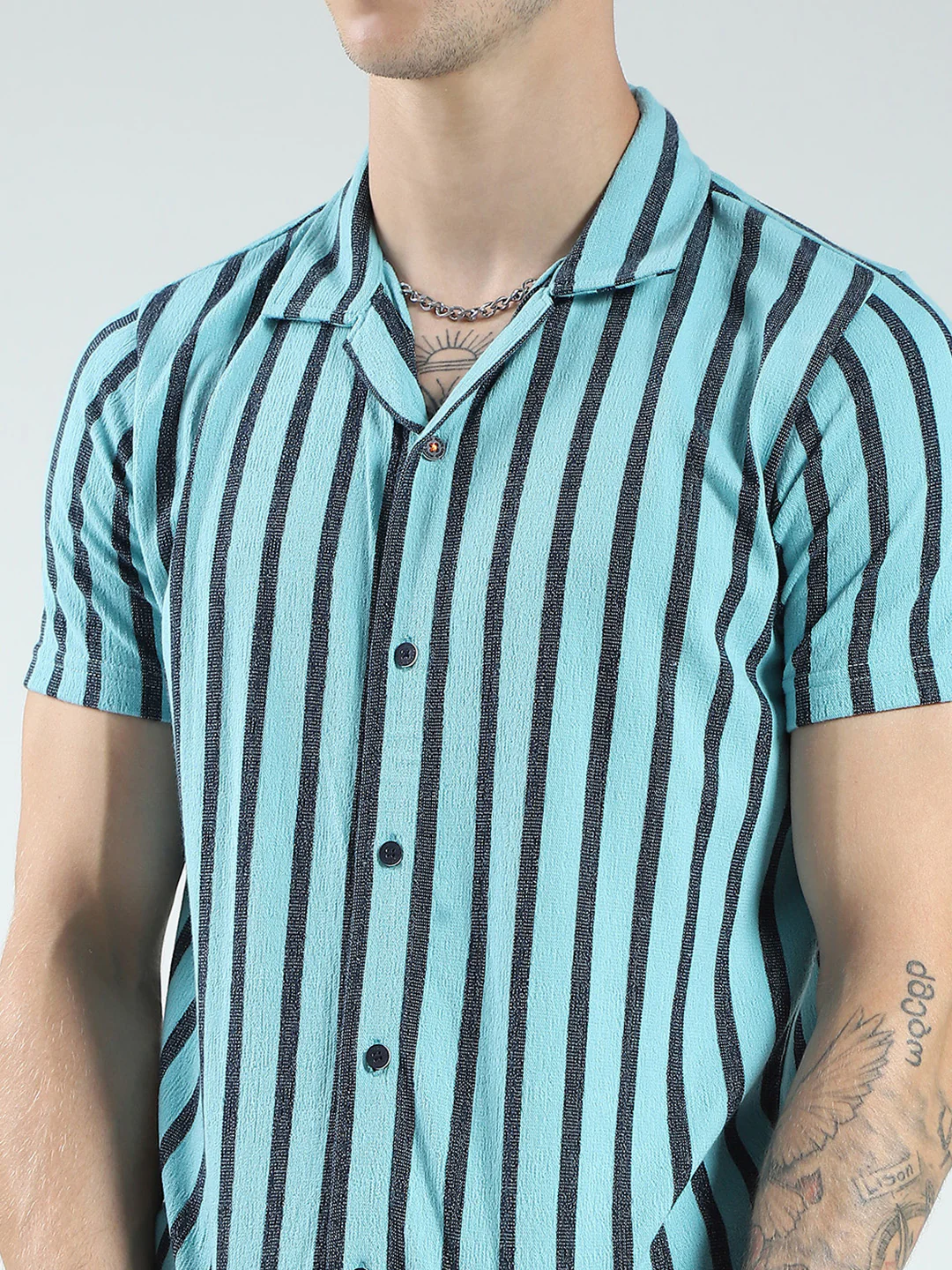 Men Blue Printed Collar Half Sleeve Bermuda Set - Image 7
