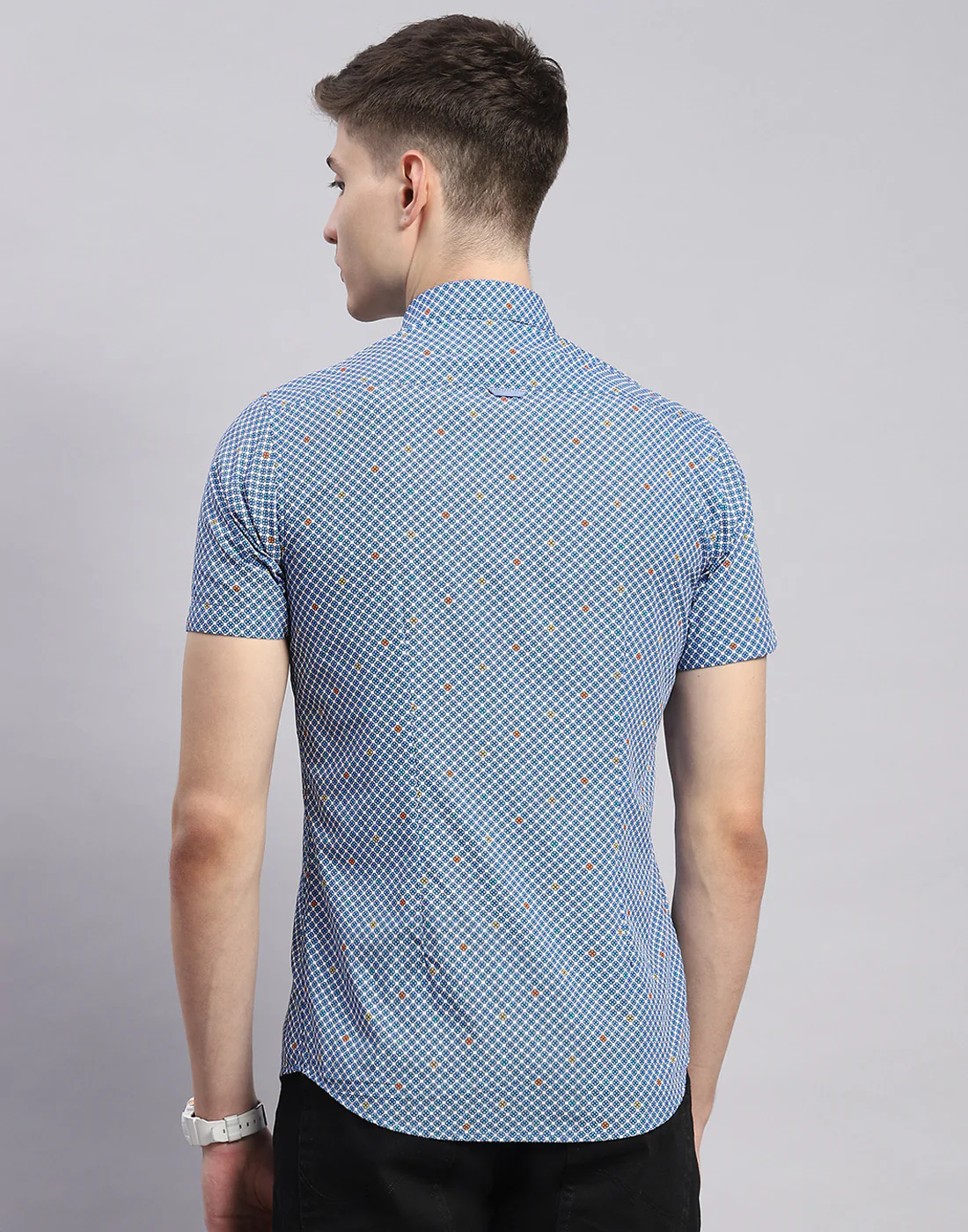Men Blue Printed Collar Half Sleeve Shirt - Image 5