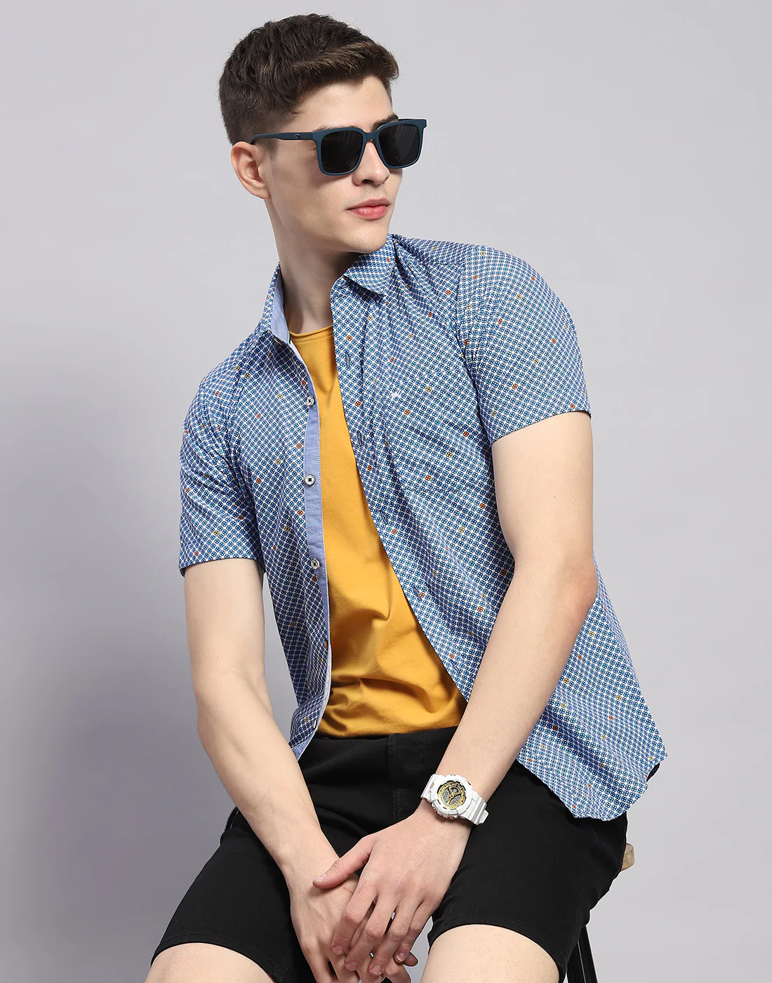 Men Blue Printed Collar Half Sleeve Shirt - Image 6